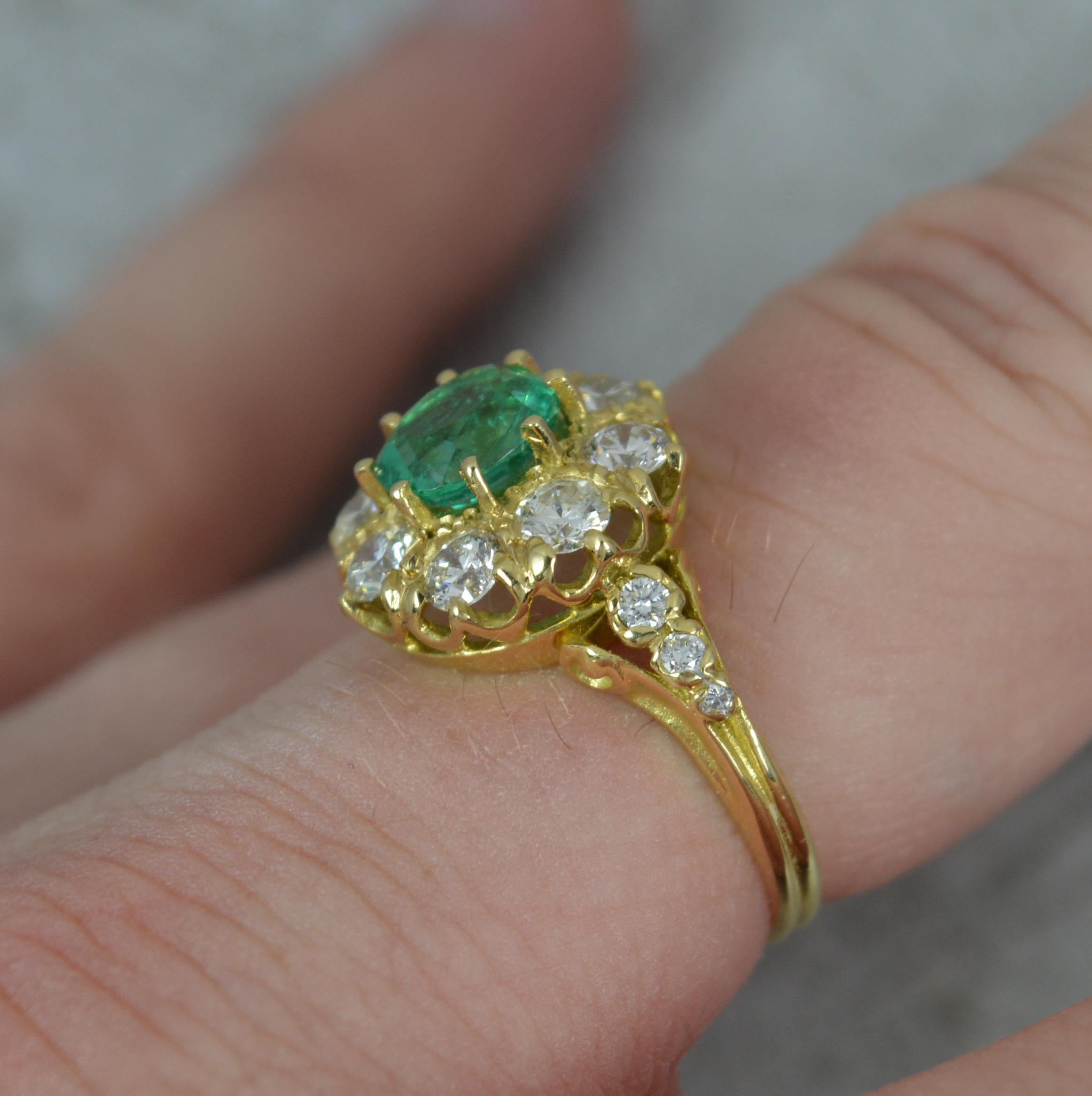 Oval Cut Quality Emerald and Vs 1.00ct Diamond 18 Carat Gold Cluster Ring For Sale
