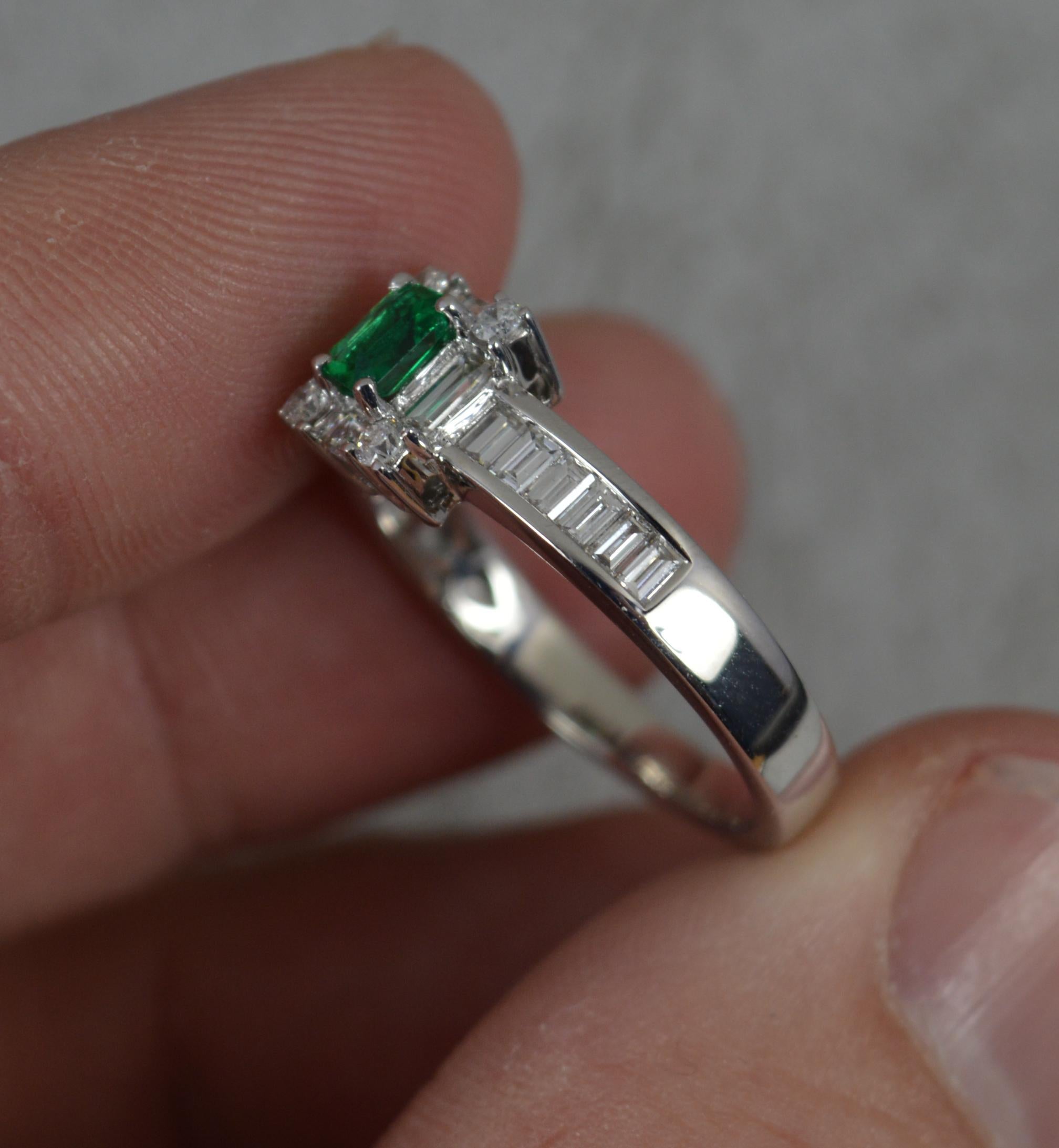 Emerald Cut Quality Emerald and VS Diamond 18ct White Gold Engagement Cluster Ring For Sale
