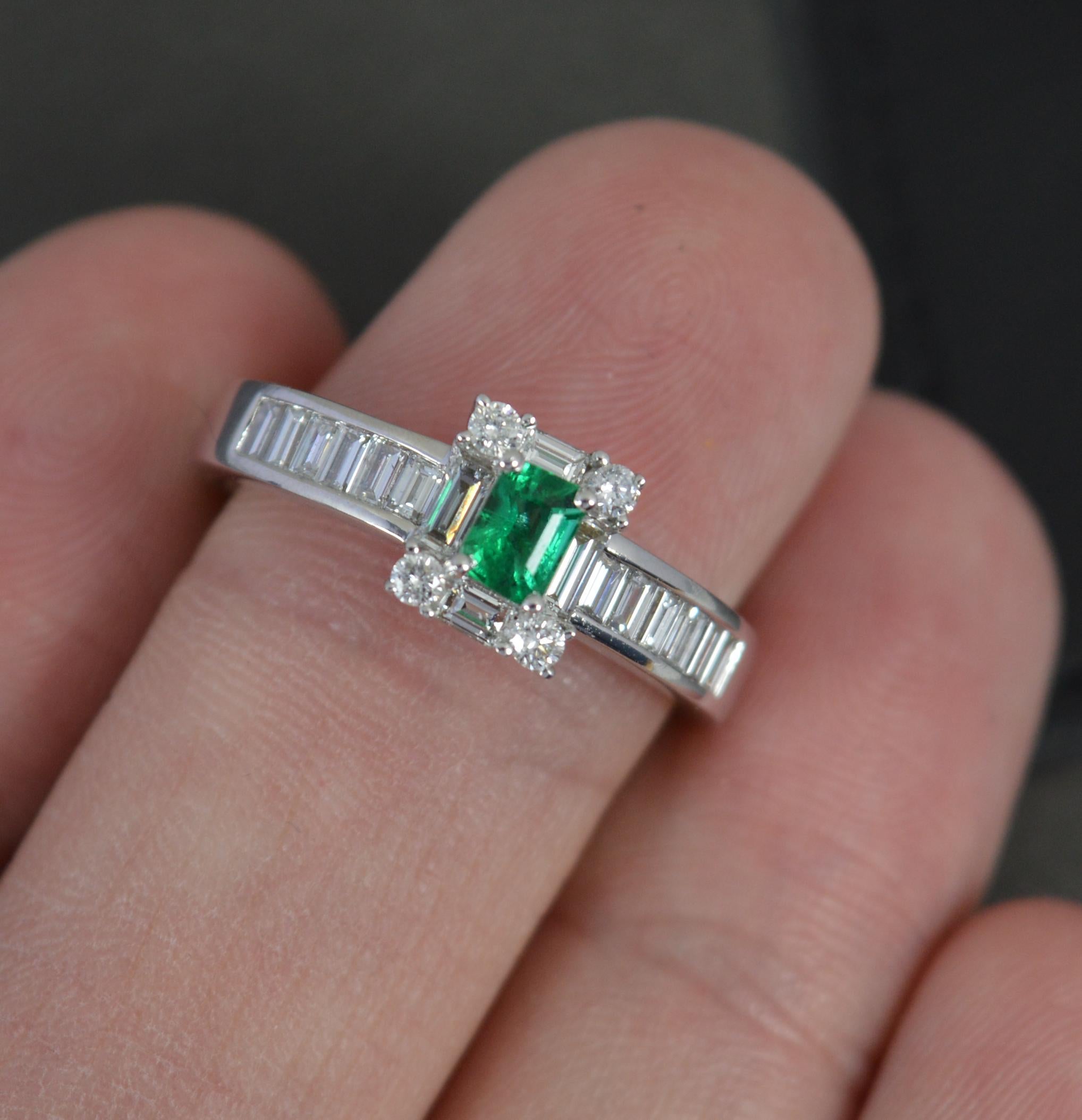 Quality Emerald and VS Diamond 18ct White Gold Engagement Cluster Ring In Excellent Condition For Sale In St Helens, GB