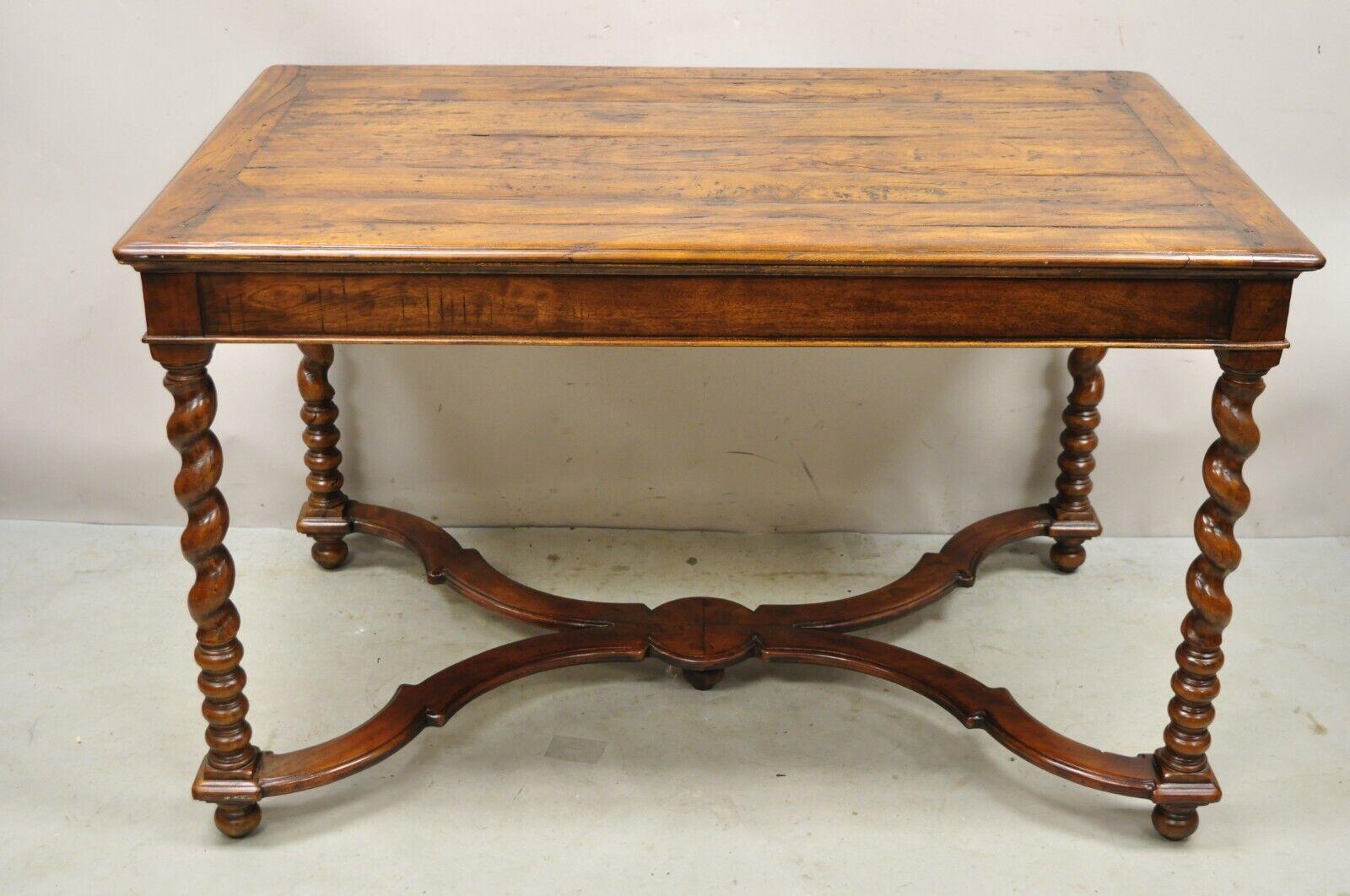 Quality English Louis XIII Style Walnut 2 Drawer Desk Table with Spiral Legs 6
