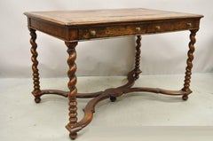 Quality English Louis XIII Style Walnut 2 Drawer Desk Table with Spiral Legs