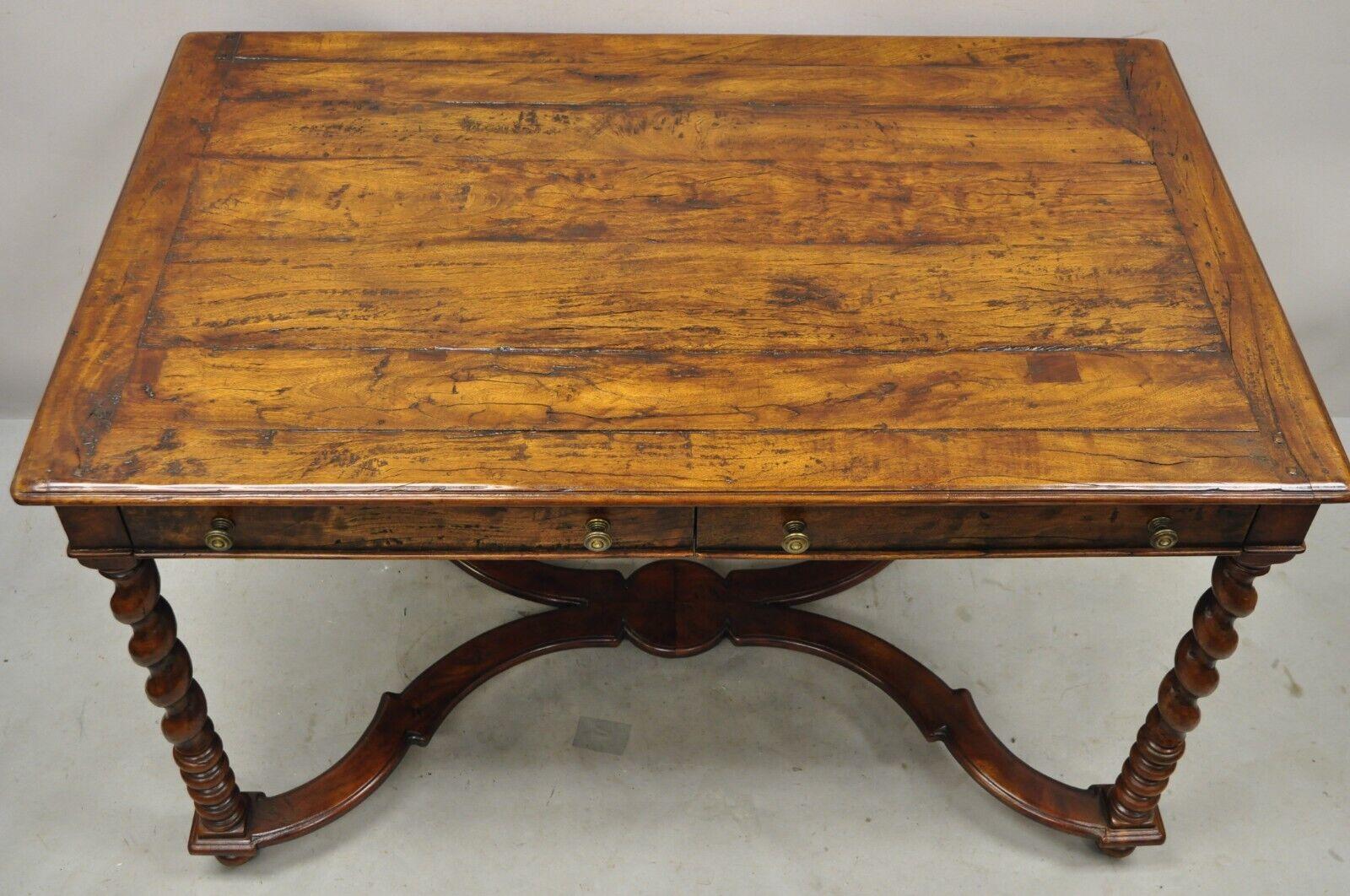 Quality English Louis XIII Style Walnut 2 Drawer Desk Table with Spiral Legs In Good Condition In Philadelphia, PA