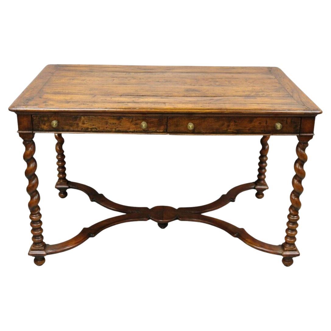 Quality English Louis XIII Style Walnut 2 Drawer Desk Table with Spiral Legs