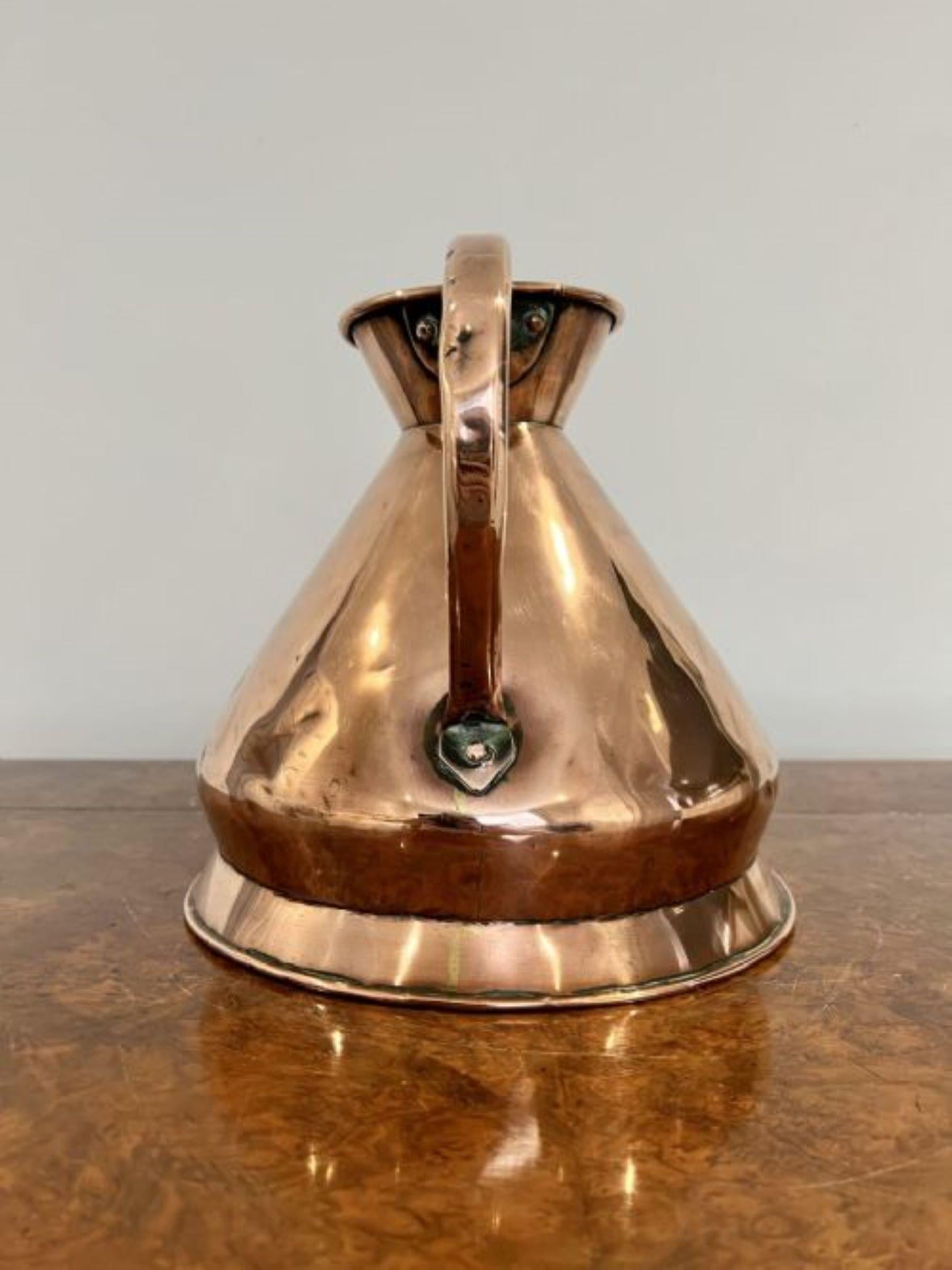 Quality George III Loftus of Oxford Street London copper one gallon jug having a shaped handle standing on a circular base