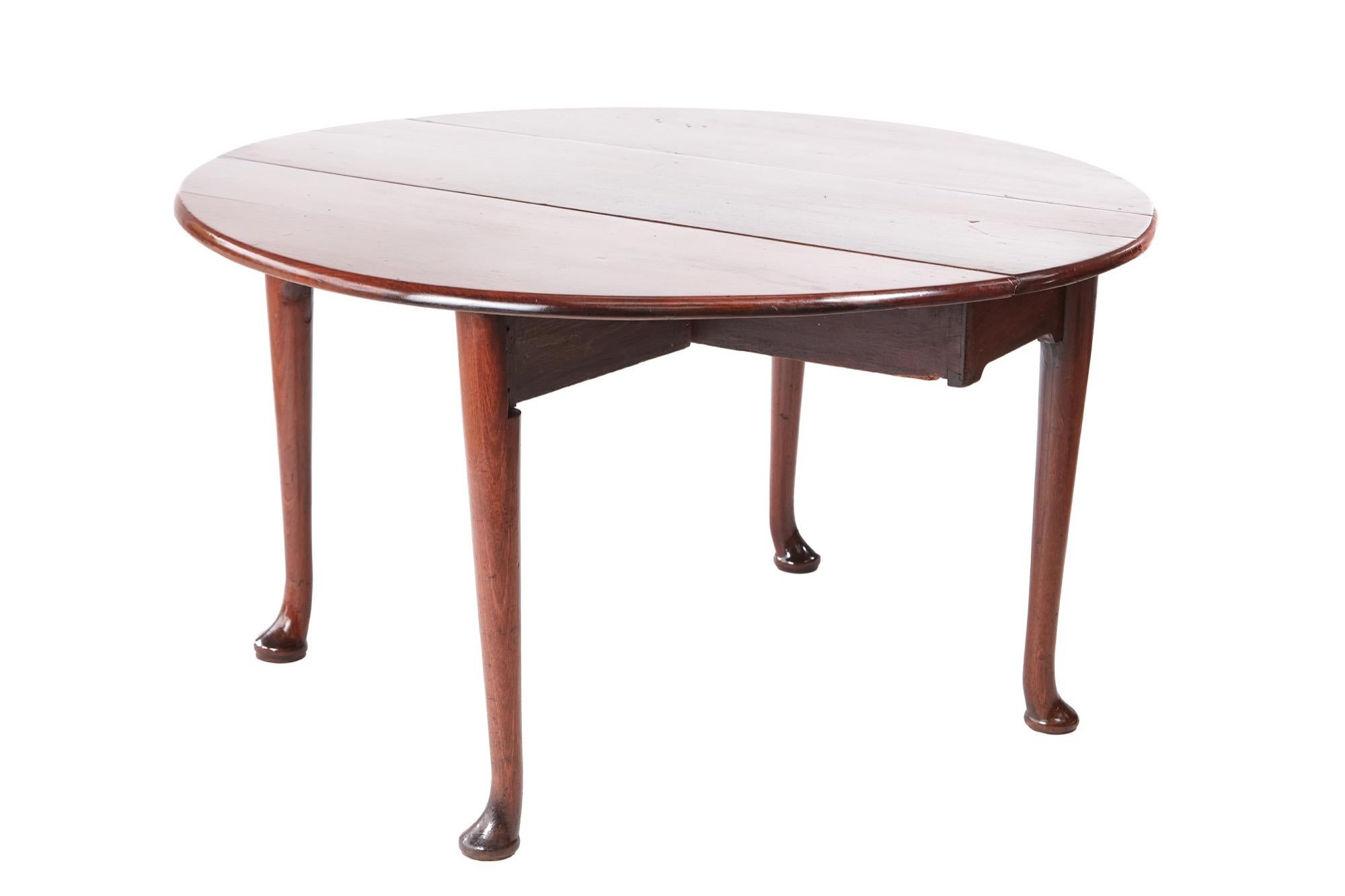 Quality George III mahogany dining table having a quality solid mahogany top with two drop leaves, supported by four turned legs with pad feet
Lovely color and condition
Measures: Closed 51