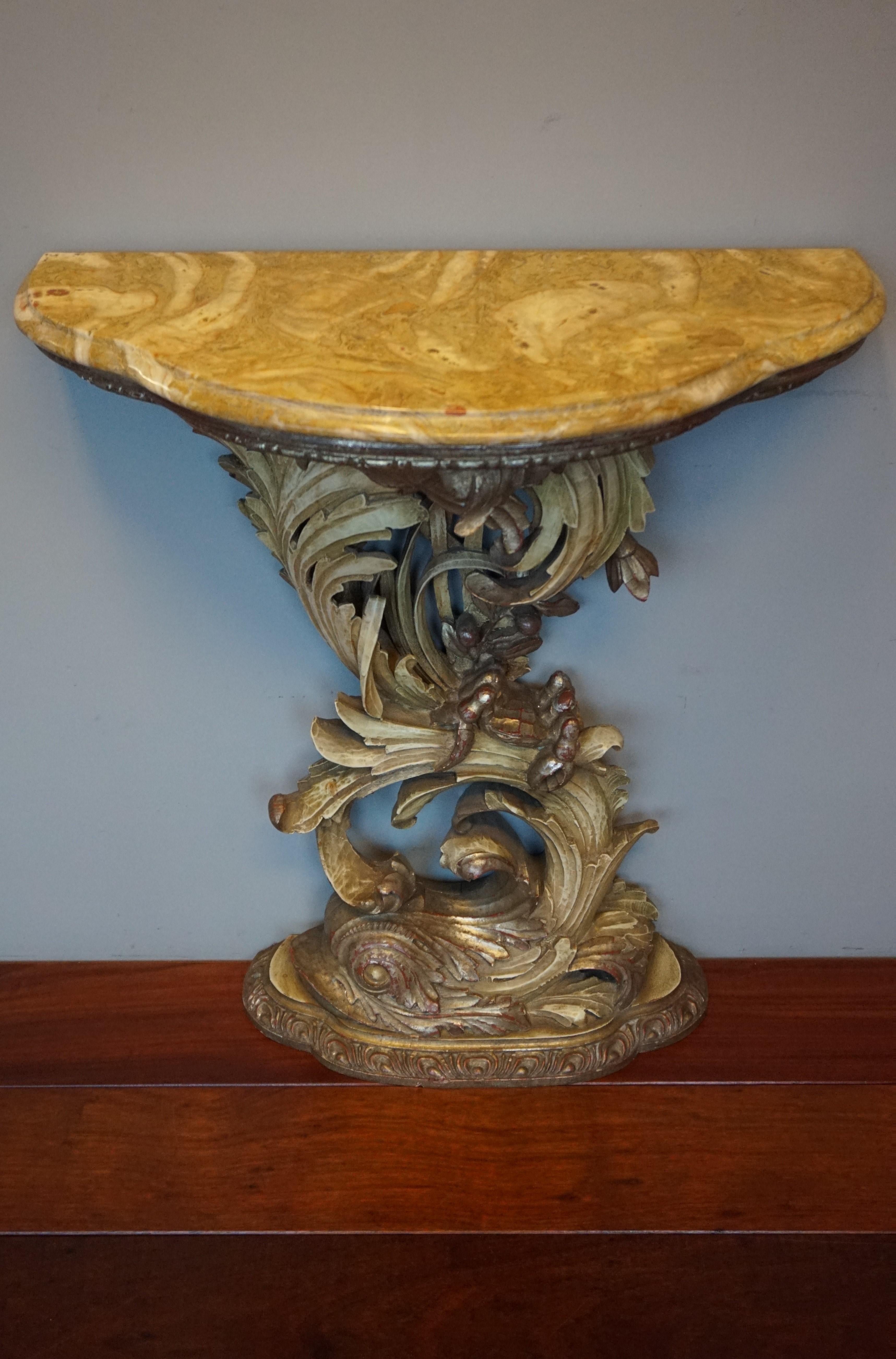 Rococo Revival Top Quality Carved Venetian Side Table w. Dolphin & Crab Sculpture & Marble Top