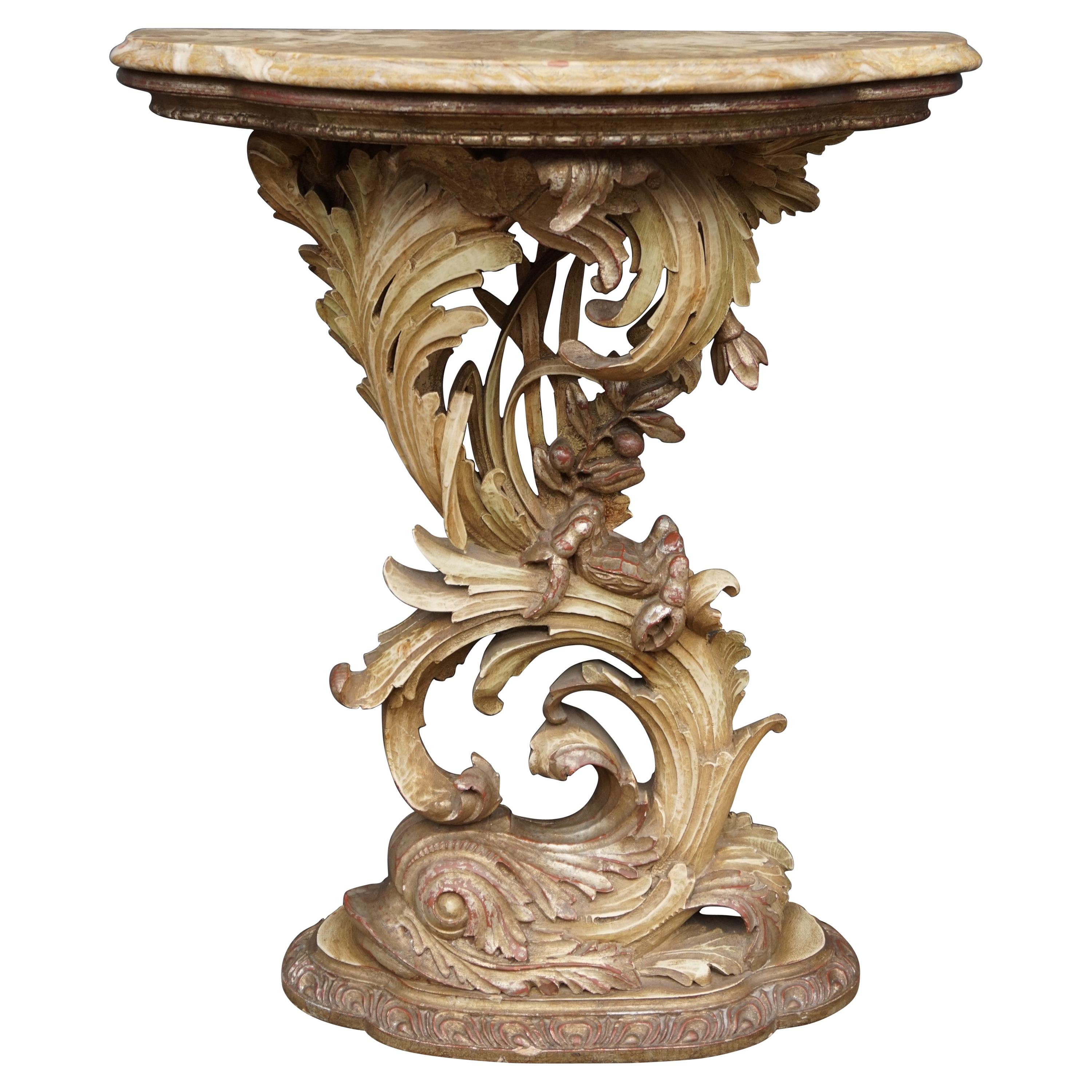 Top Quality Carved Venetian Side Table w. Dolphin & Crab Sculpture & Marble Top