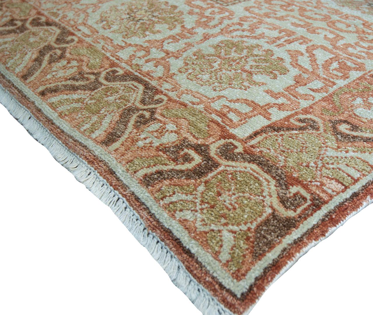 This unique one of a kind rug from Kashmir features a brilliant color combination and an amazingly decorative border. 100% natural wool pile. Brand new.
