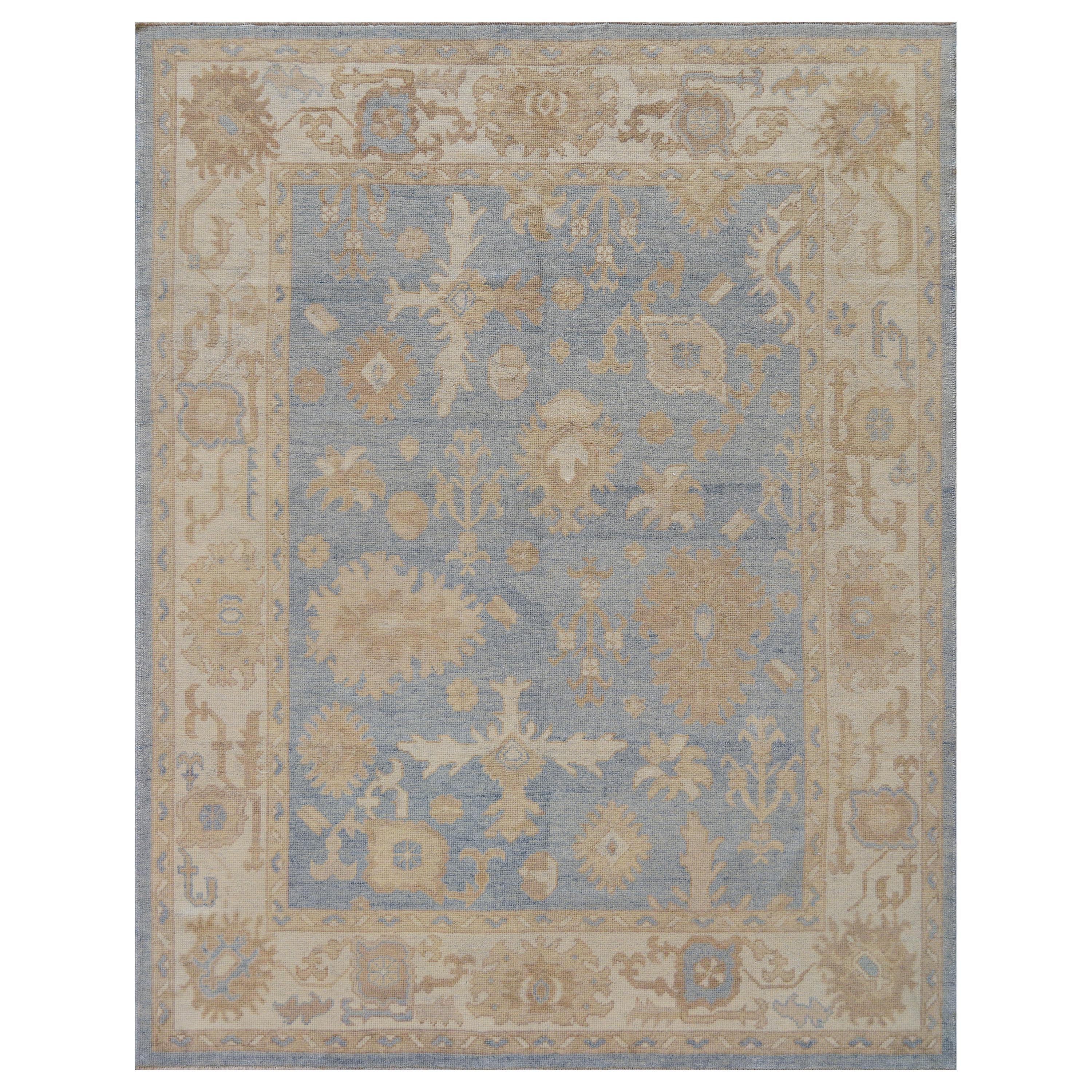 Contemporary Wool Blue Hand-Woven Oushak-Inspired Rug