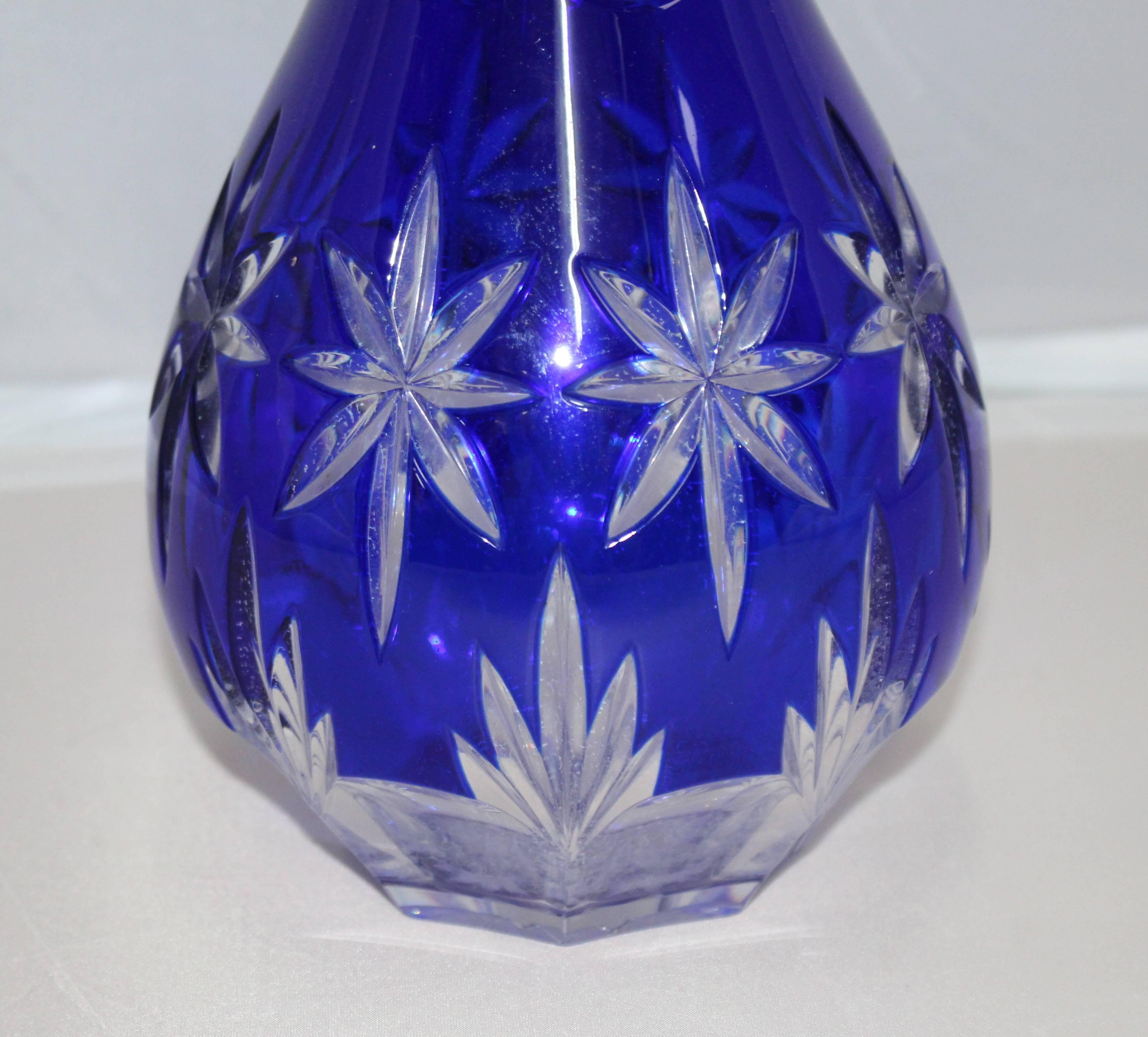 20th Century Quality Heavy Cut Glass Blue Overlay Crystal Decanter