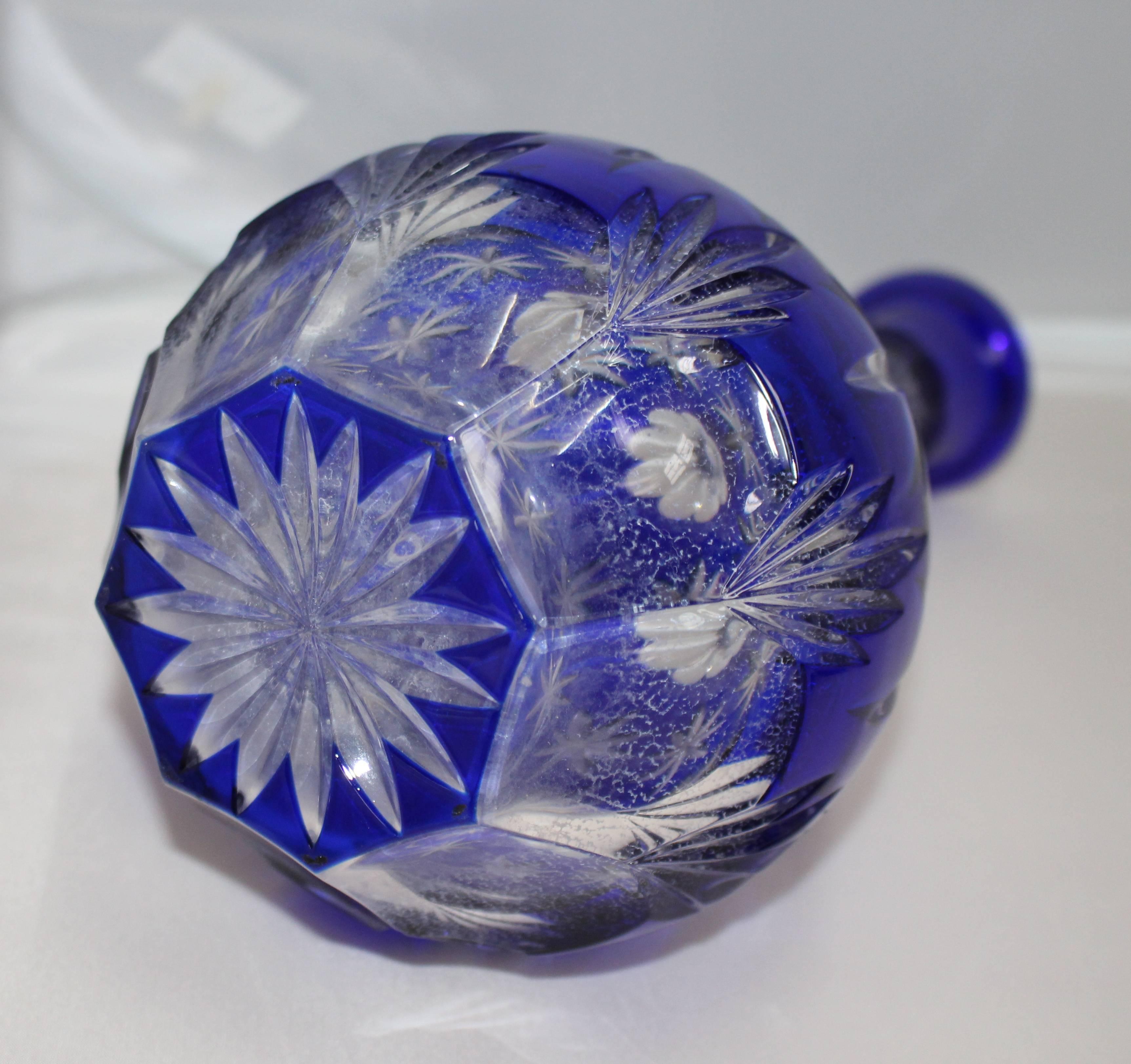 Quality Heavy Cut Glass Blue Overlay Crystal Decanter 2