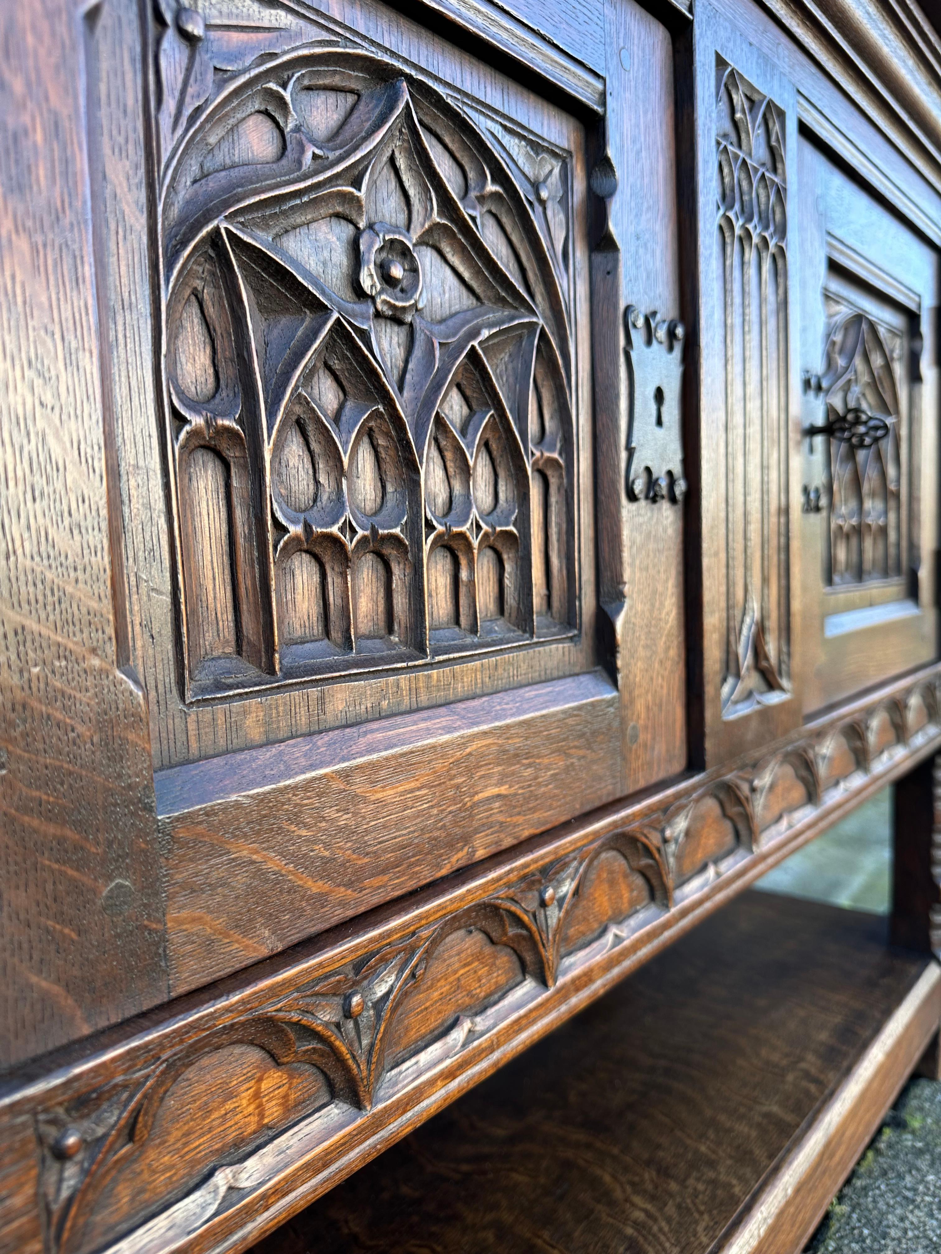Quality Oak Gothic Revival Small Sideboard / Credenza with Carved Church Windows 3
