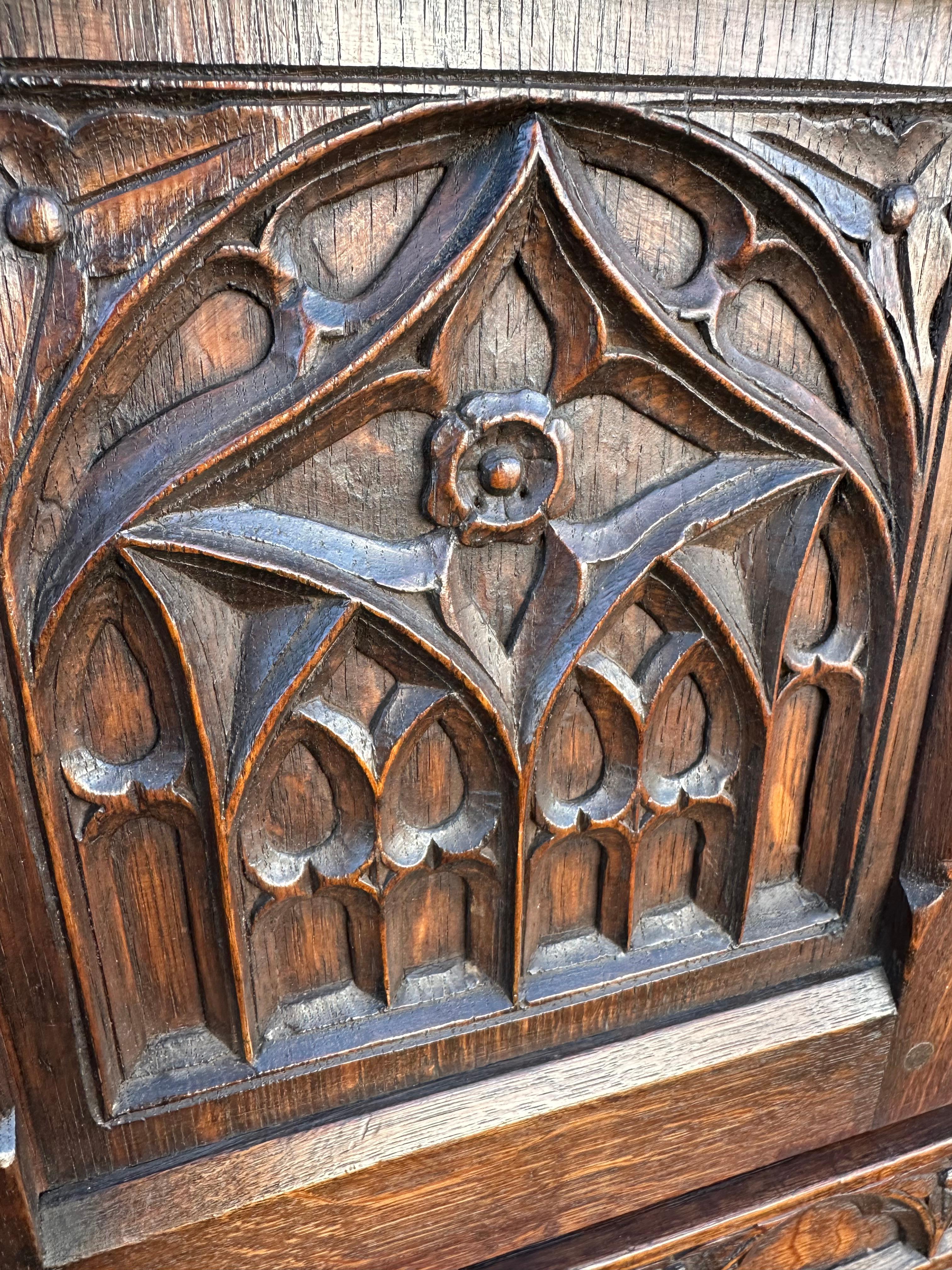 Quality Oak Gothic Revival Small Sideboard / Credenza with Carved Church Windows 4