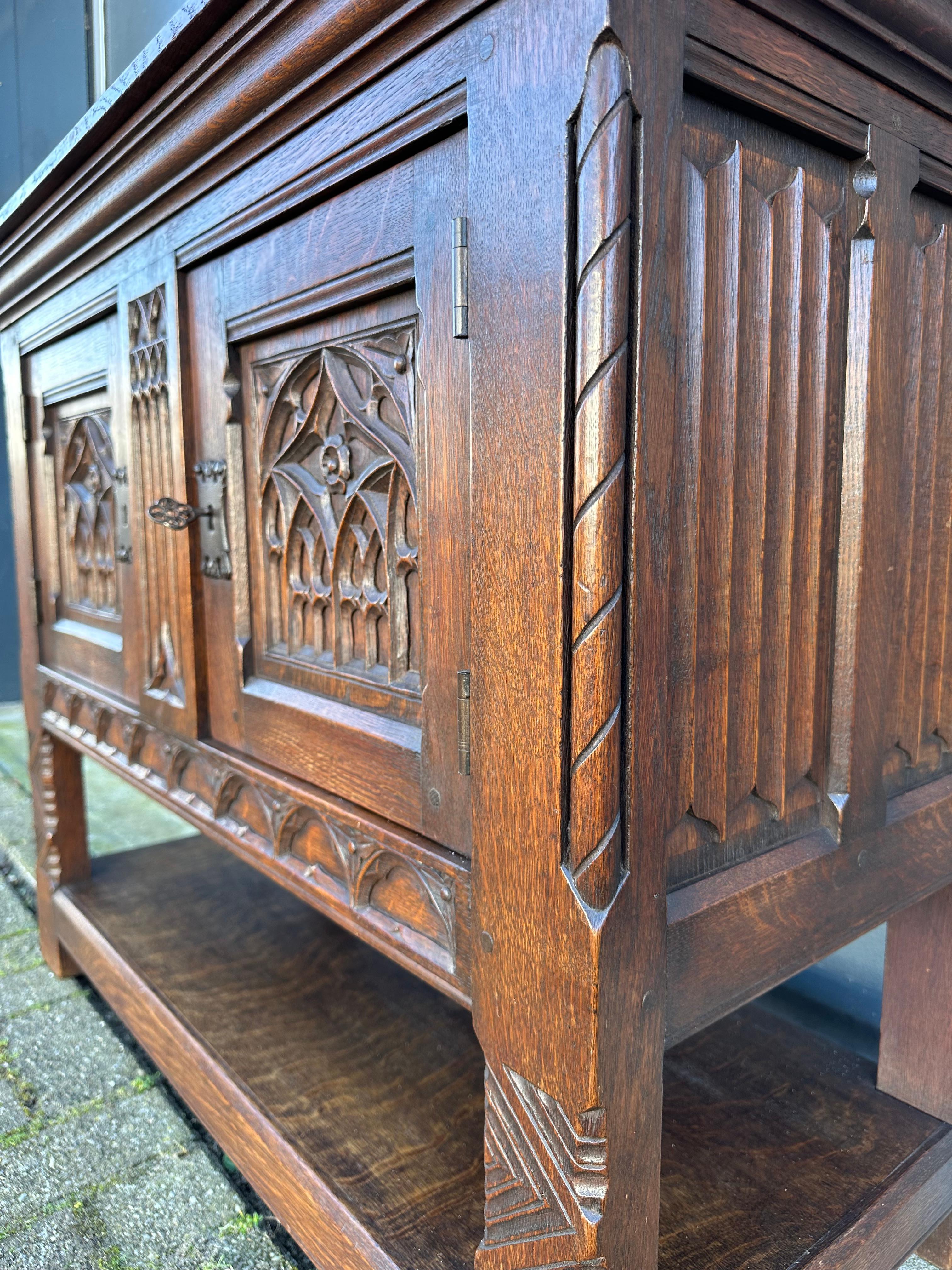 Quality Oak Gothic Revival Small Sideboard / Credenza with Carved Church Windows 5