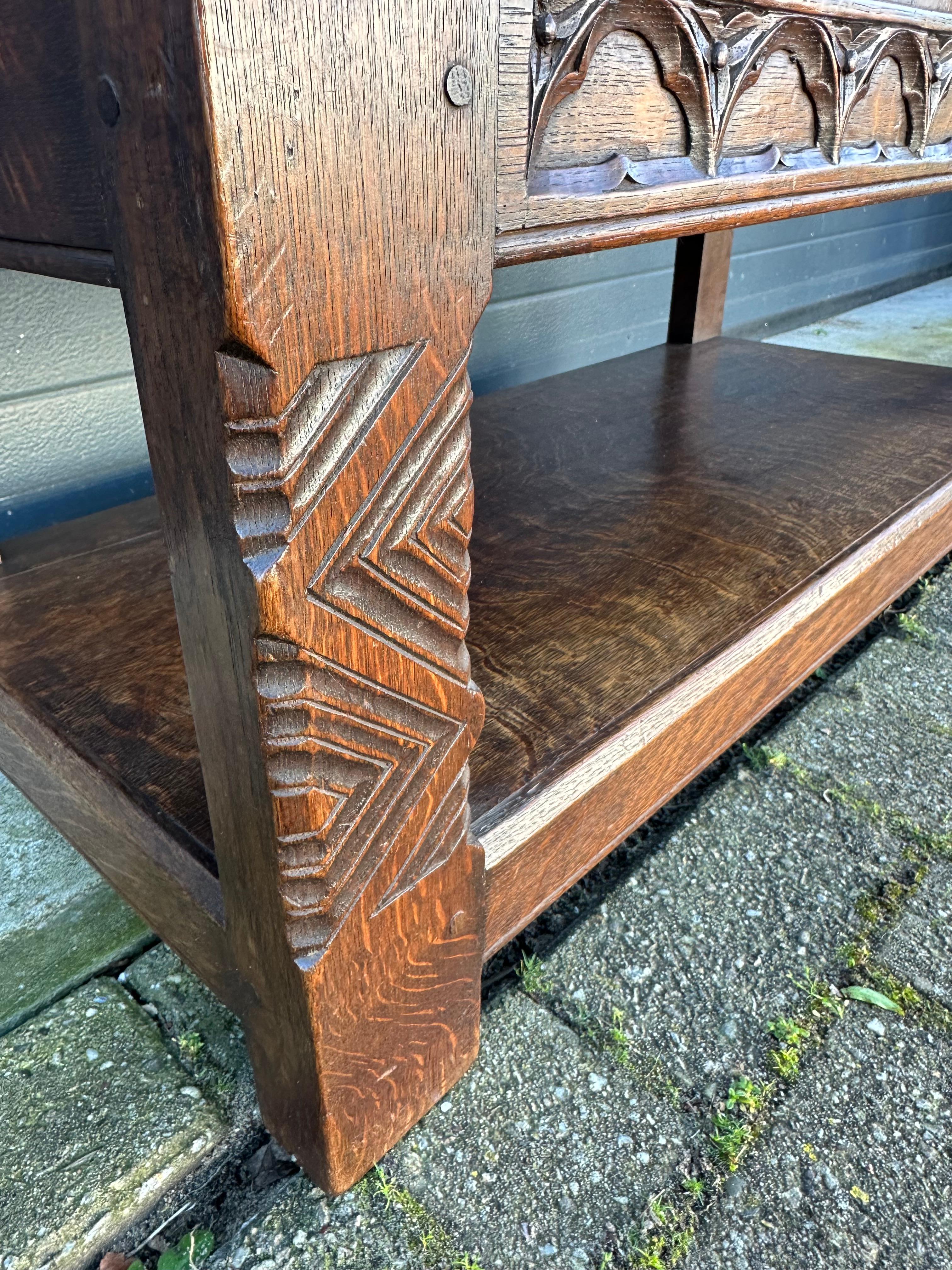 Quality Oak Gothic Revival Small Sideboard / Credenza with Carved Church Windows 6