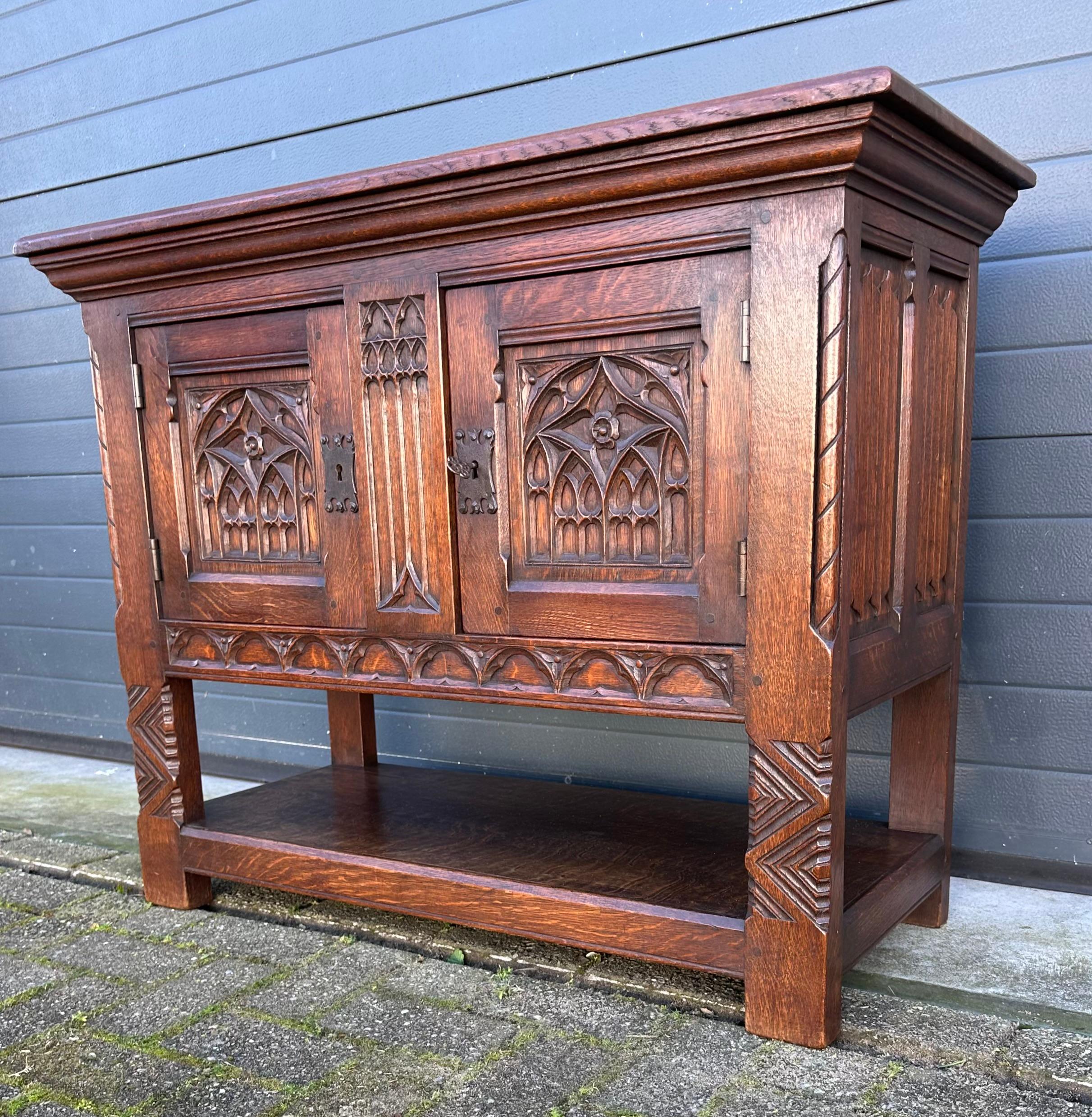 Quality Oak Gothic Revival Small Sideboard / Credenza with Carved Church Windows 7