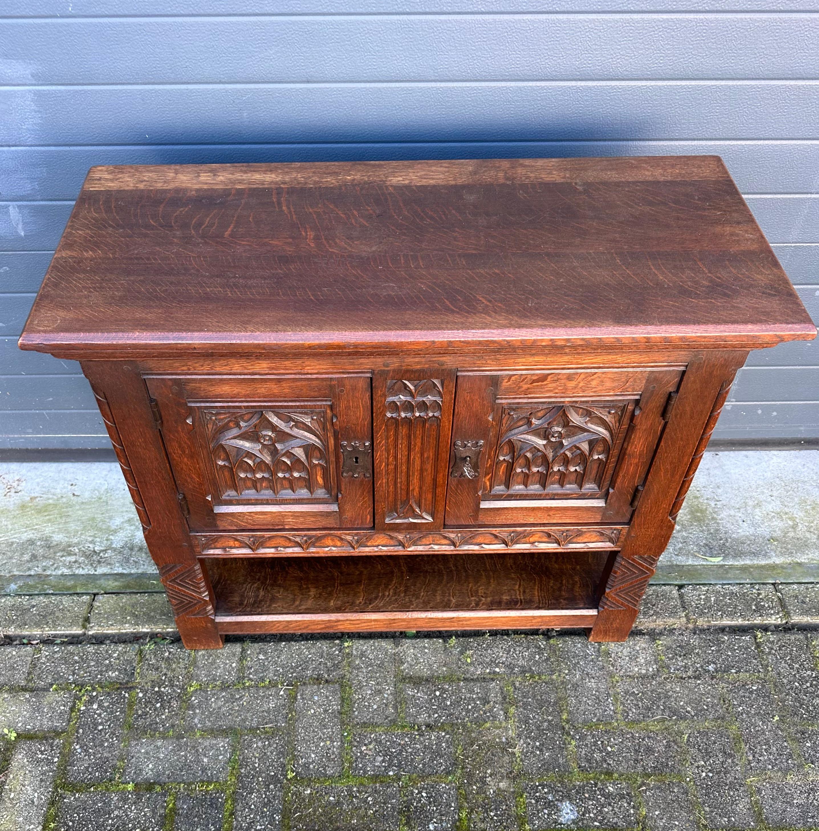 Quality Oak Gothic Revival Small Sideboard / Credenza with Carved Church Windows 8