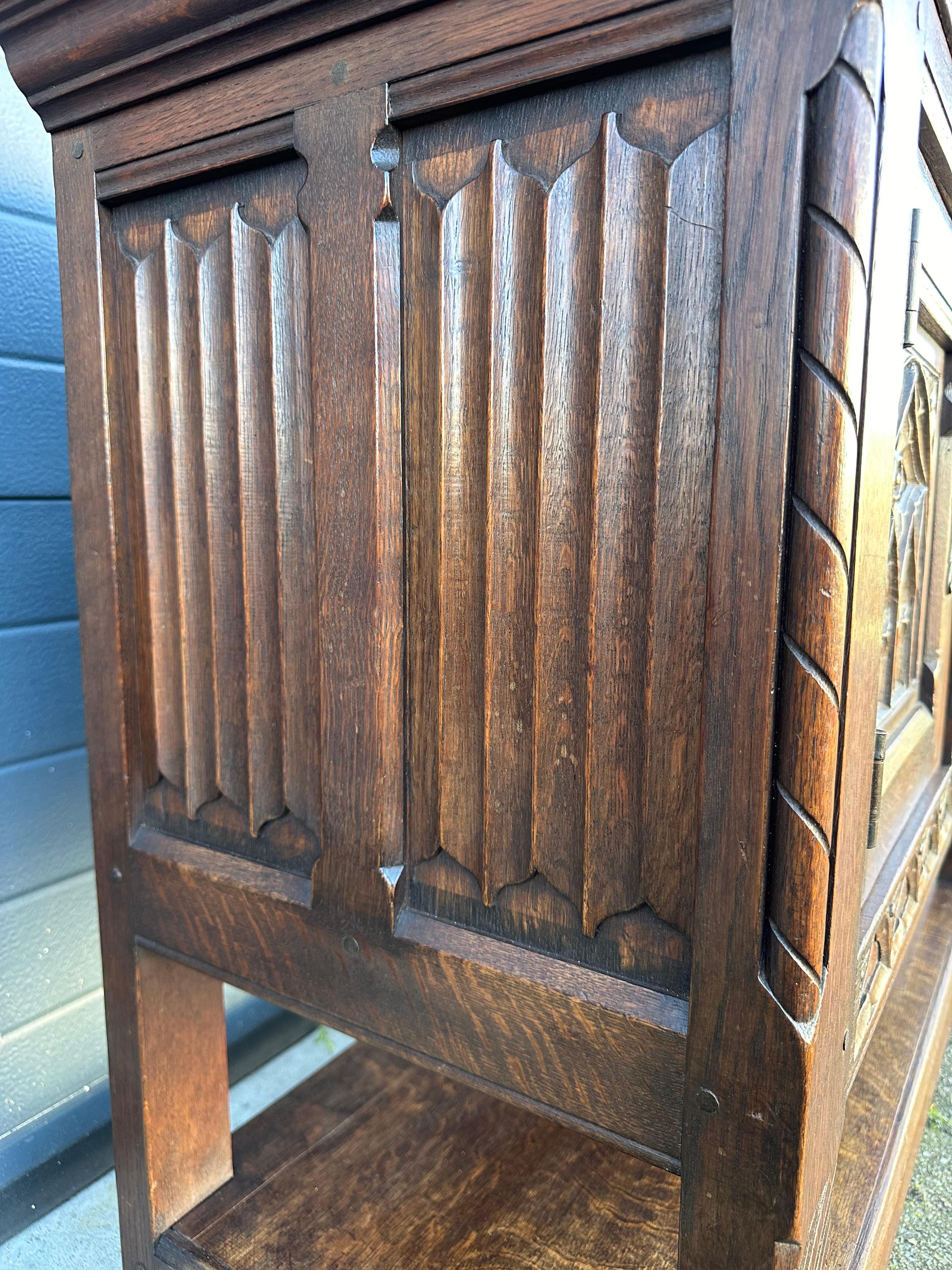 Quality Oak Gothic Revival Small Sideboard / Credenza with Carved Church Windows 9