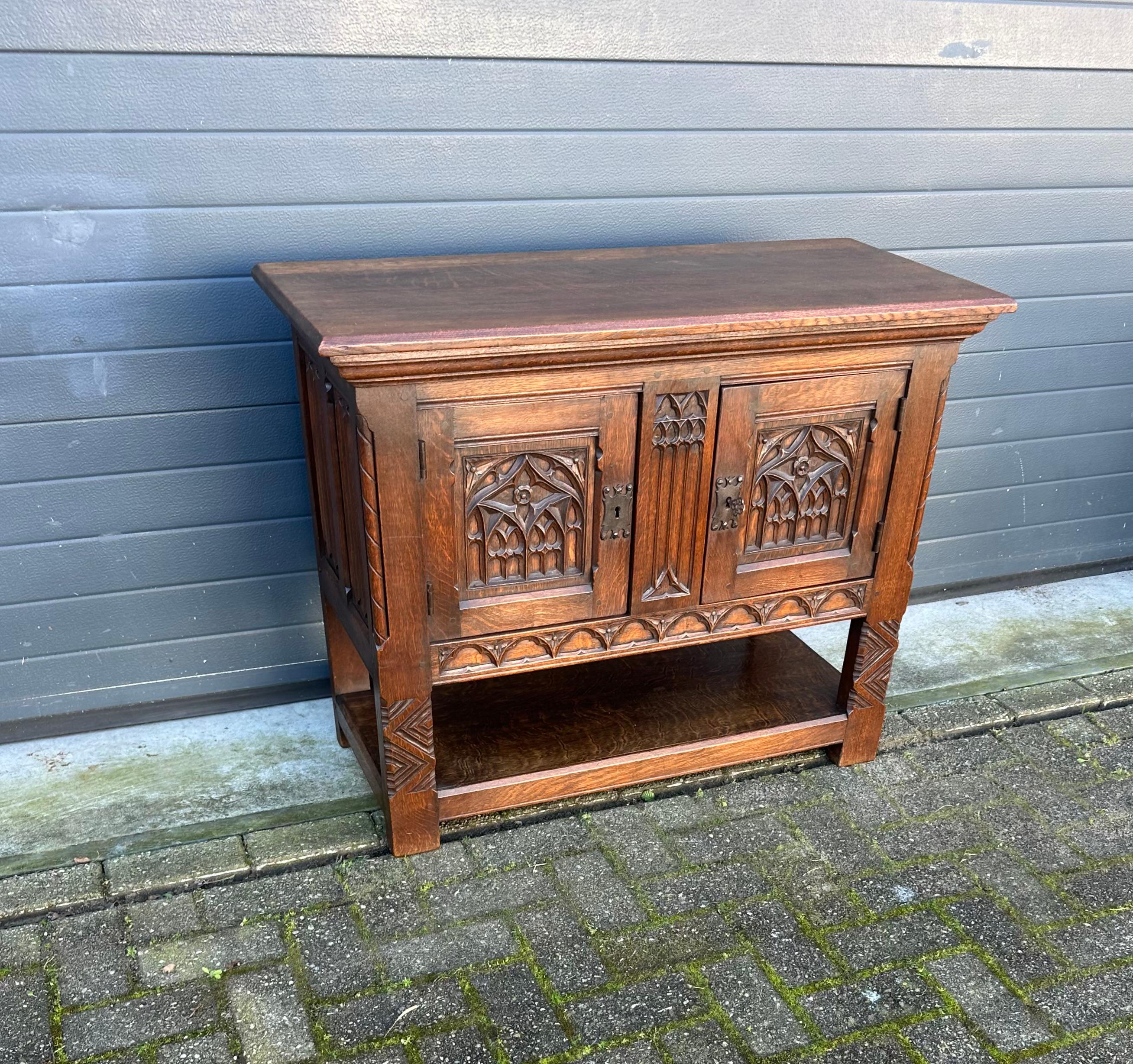 Quality Oak Gothic Revival Small Sideboard / Credenza with Carved Church Windows 11