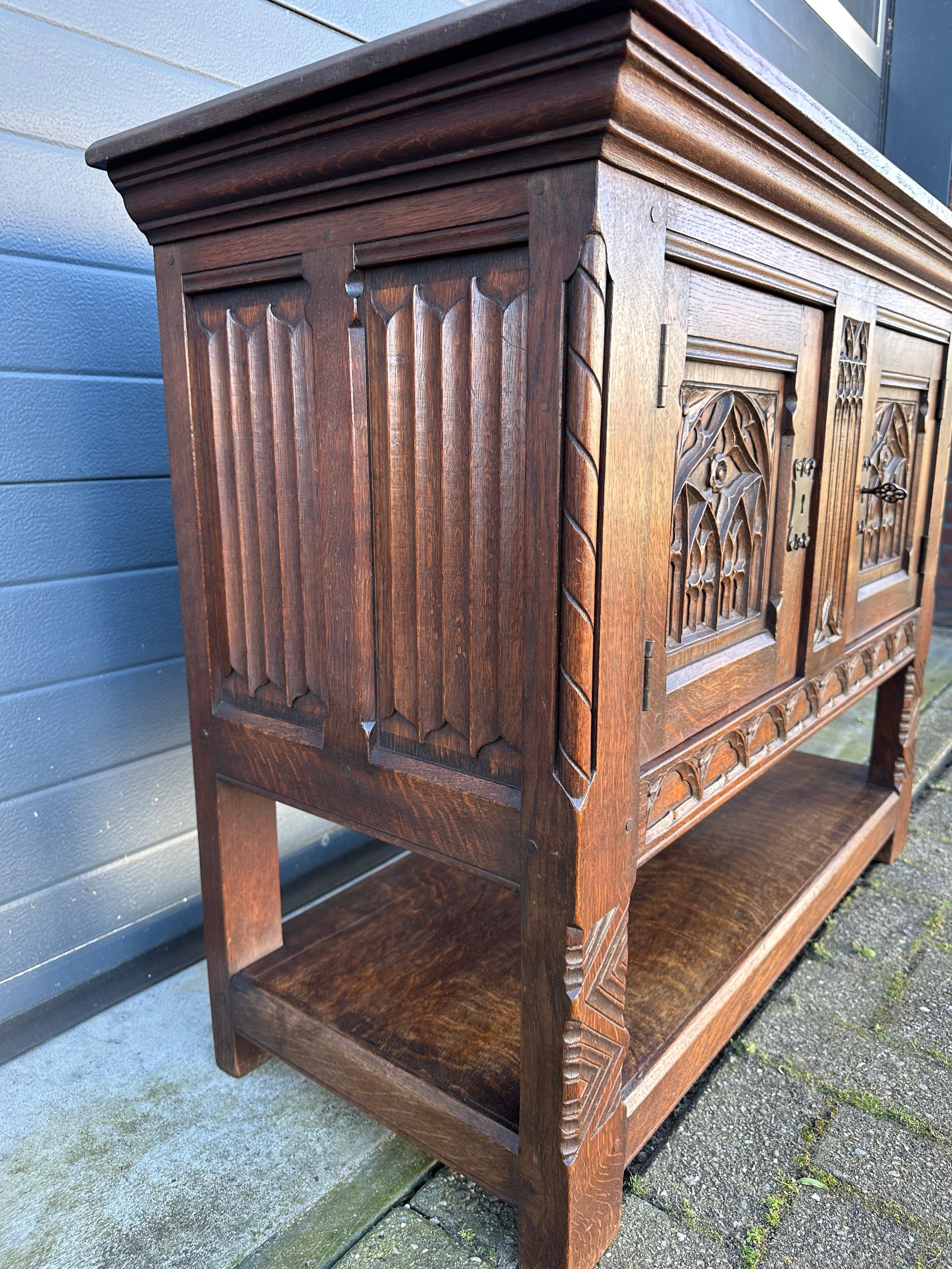 Quality Oak Gothic Revival Small Sideboard / Credenza with Carved Church Windows 12