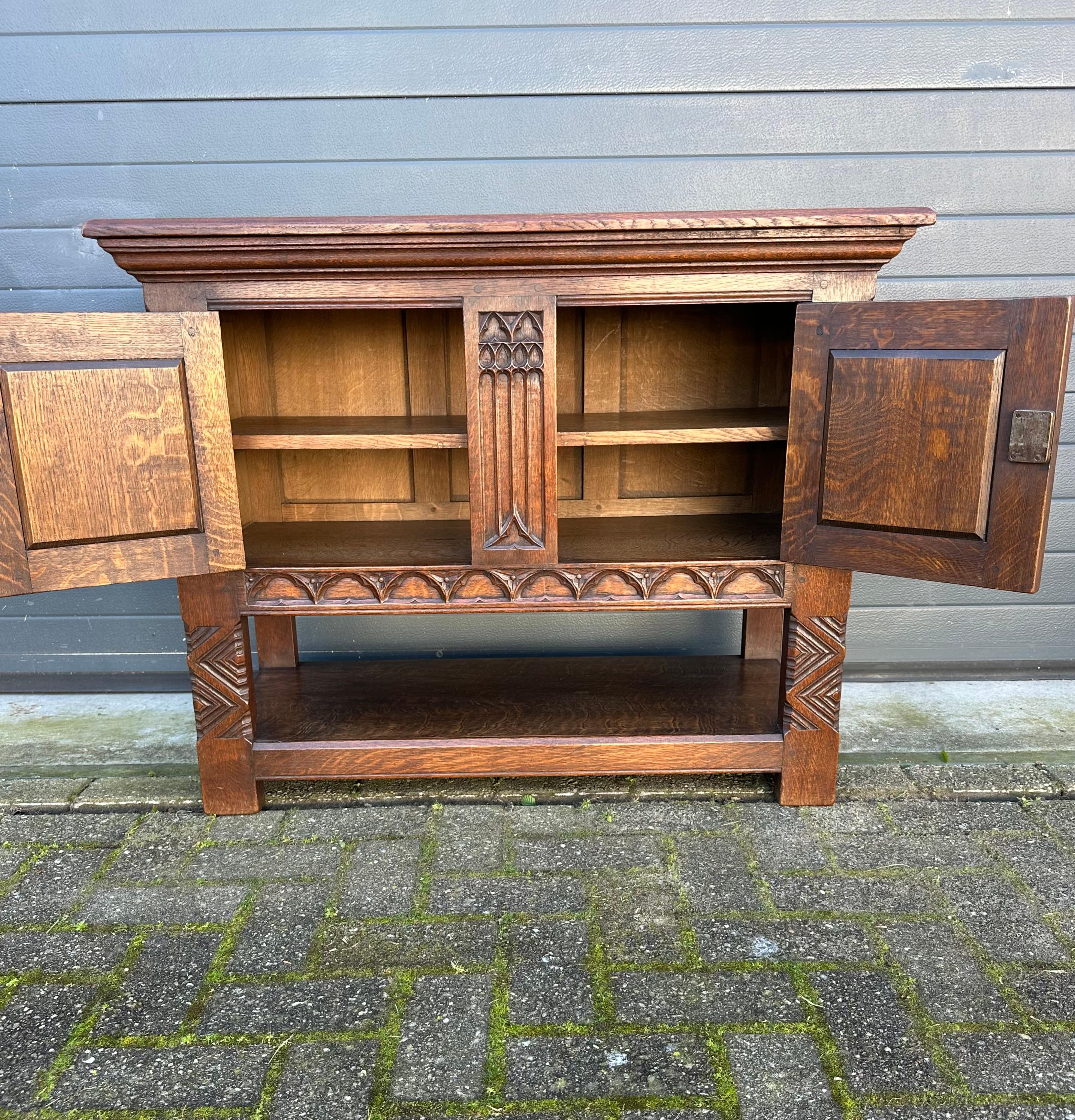 20th Century Quality Oak Gothic Revival Small Sideboard / Credenza with Carved Church Windows