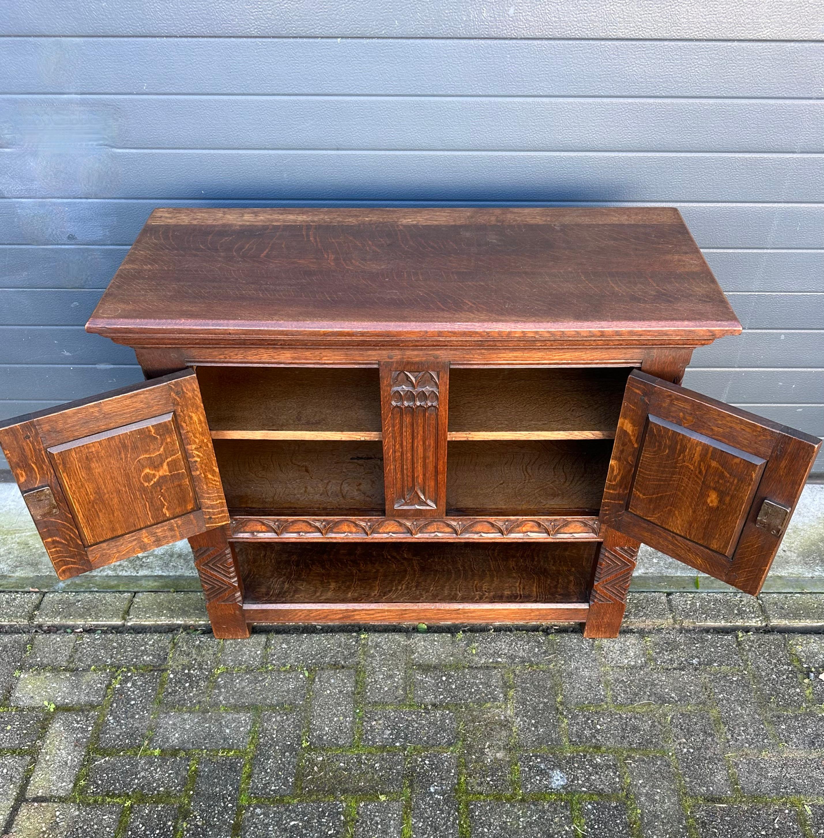 Iron Quality Oak Gothic Revival Small Sideboard / Credenza with Carved Church Windows