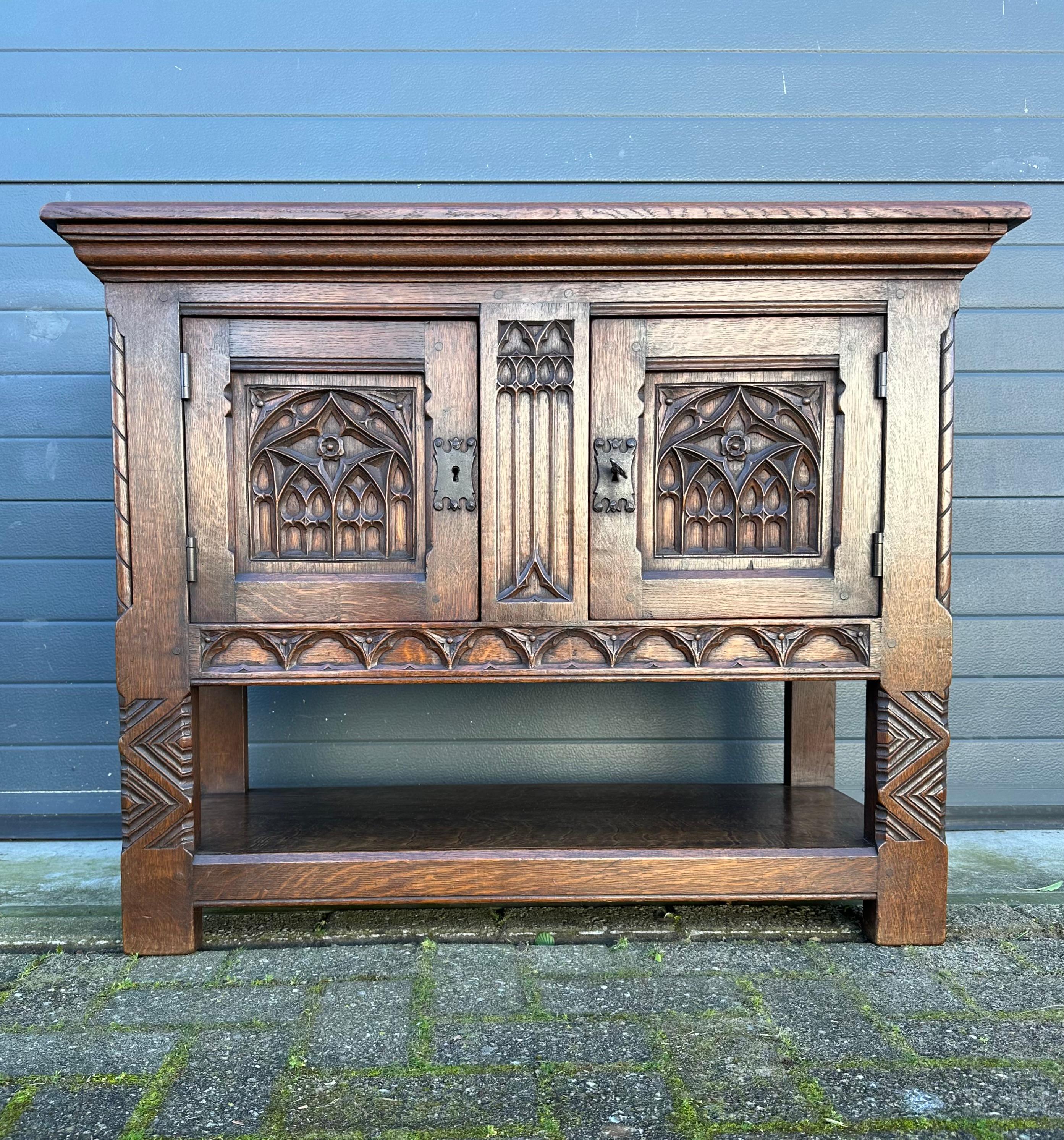 Quality Oak Gothic Revival Small Sideboard / Credenza with Carved Church Windows 1