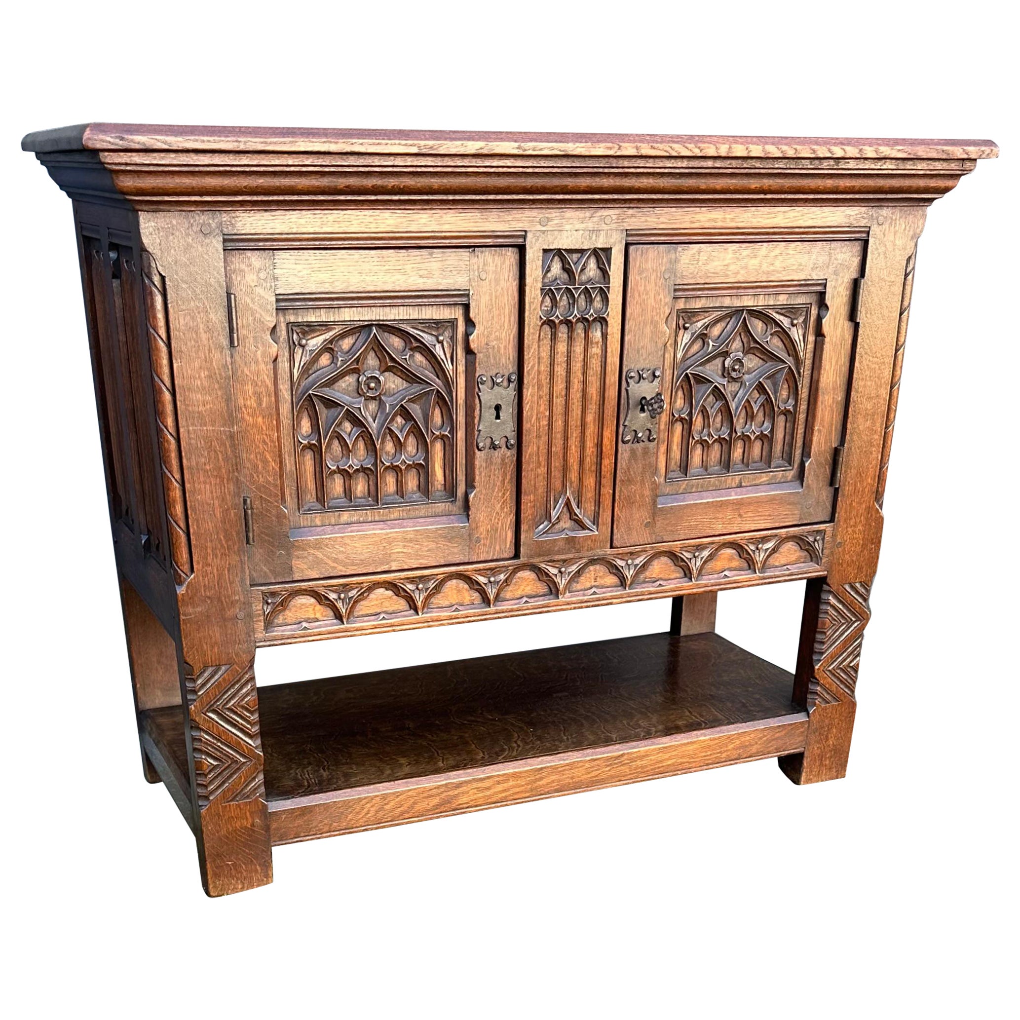 Quality Oak Gothic Revival Small Sideboard / Credenza with Carved Church Windows