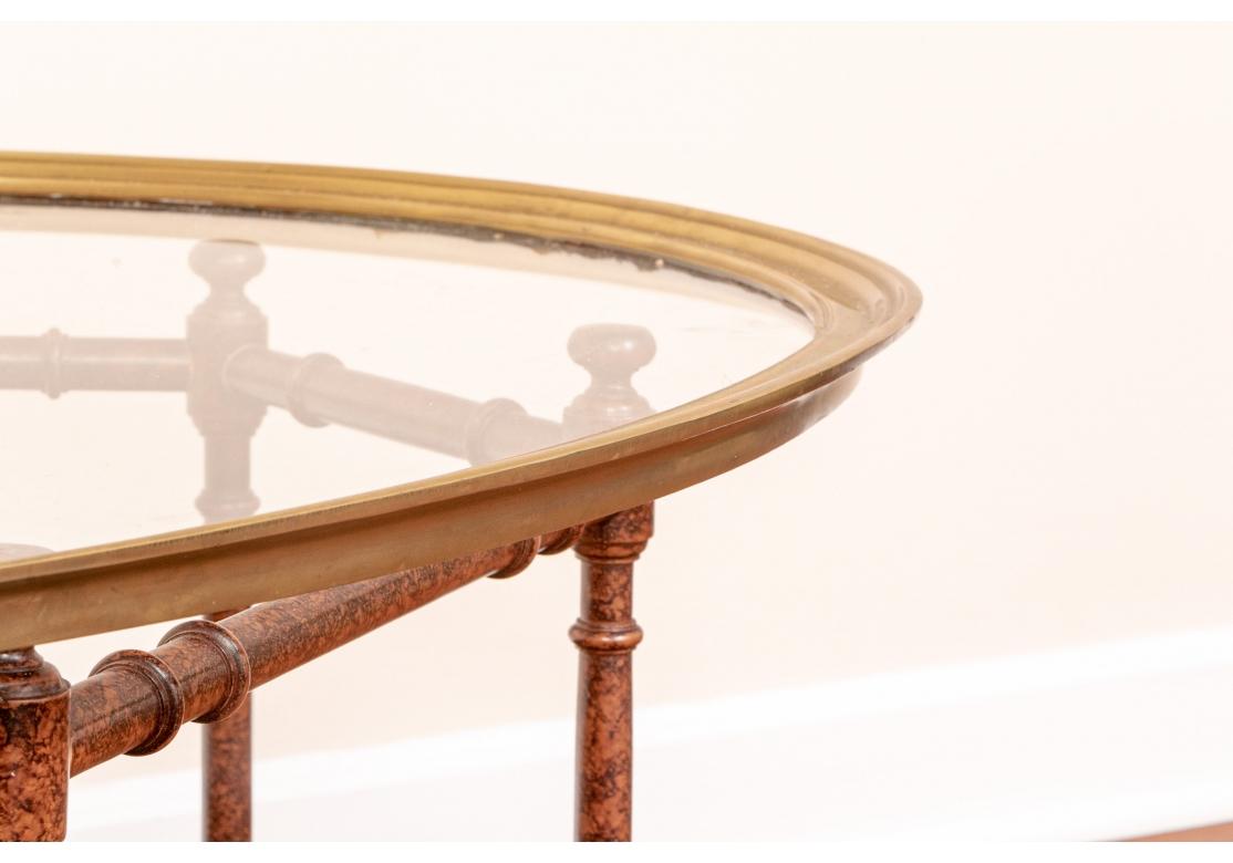 20th Century Quality Oval Brass And Glass Top Coffee Table with Wood Base For Sale