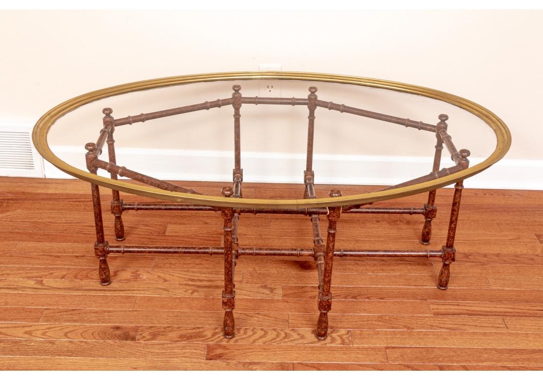 Quality Oval Brass And Glass Top Coffee Table with Wood Base For Sale 2