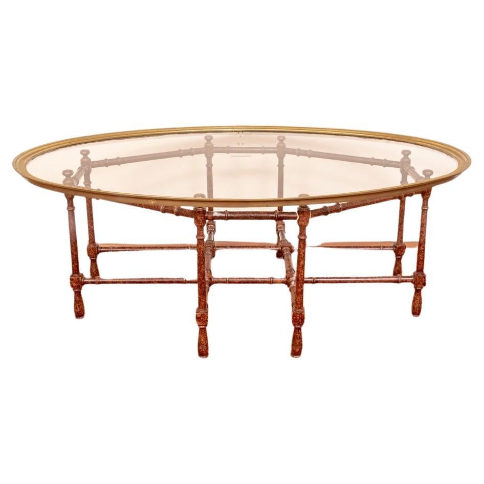 Quality Oval Brass And Glass Top Coffee Table with Wood Base