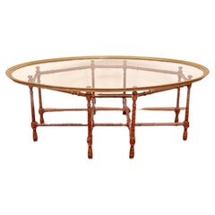 Quality Oval Brass And Glass Top Coffee Table with Wood Base
