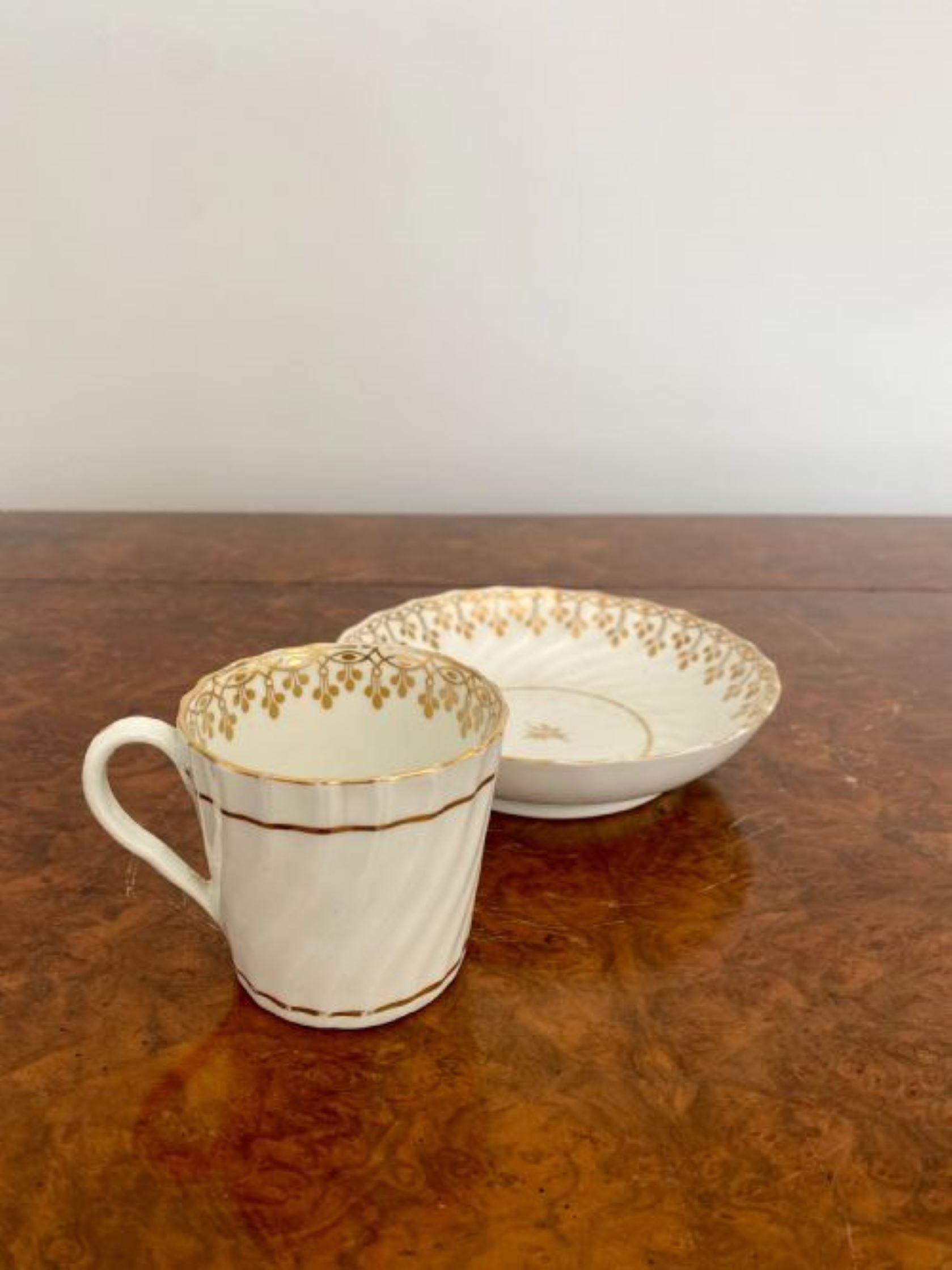 Quality pair of 19th Century teacups & saucers.
Quality pair of antique scalloped shaped teacups and saucers with gold gilded decoration. 
