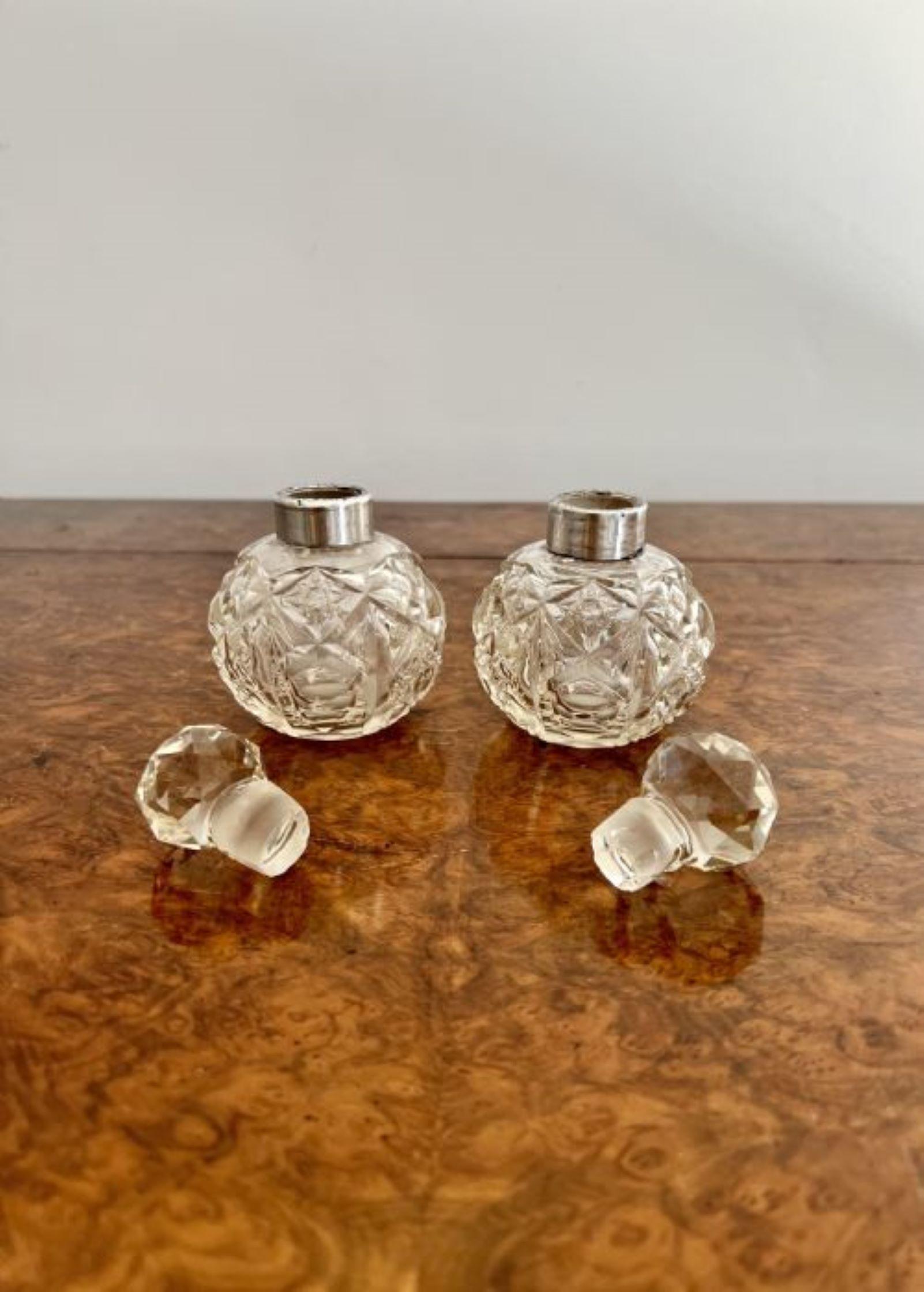 20th Century Quality pair of antique Edwardian silver collar & cut glass scent bottles  For Sale