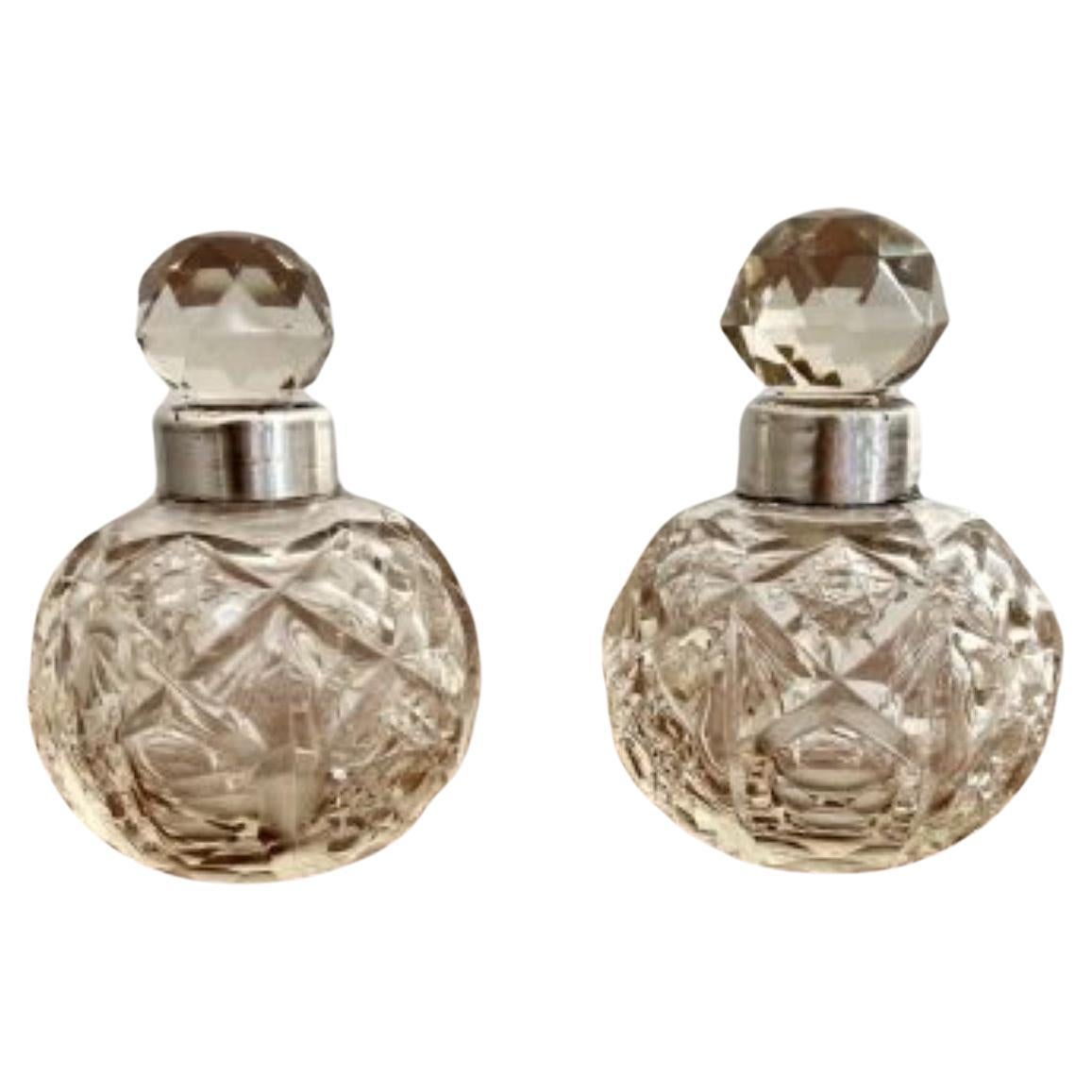 Quality pair of antique Edwardian silver collar & cut glass scent bottles  For Sale