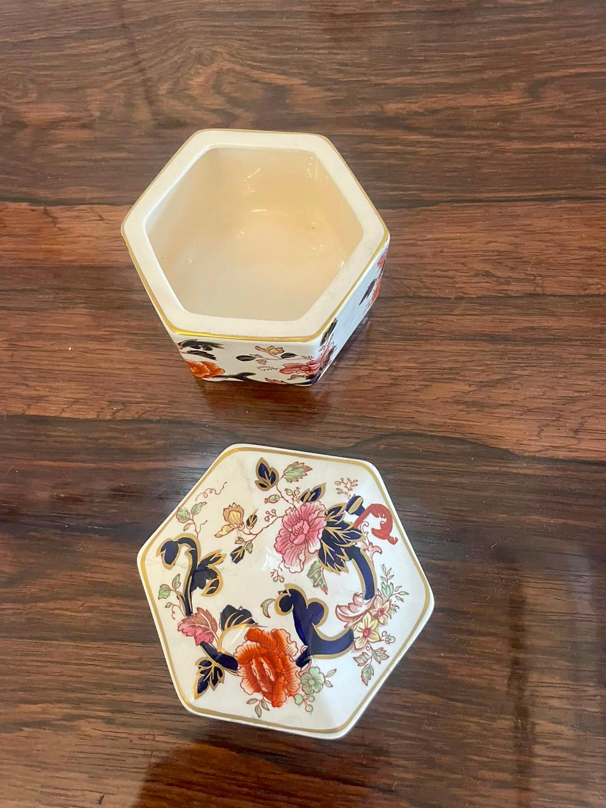 Quality Pair of Antique Hand Painted Masons Ironstone Trinket Boxes For Sale 1
