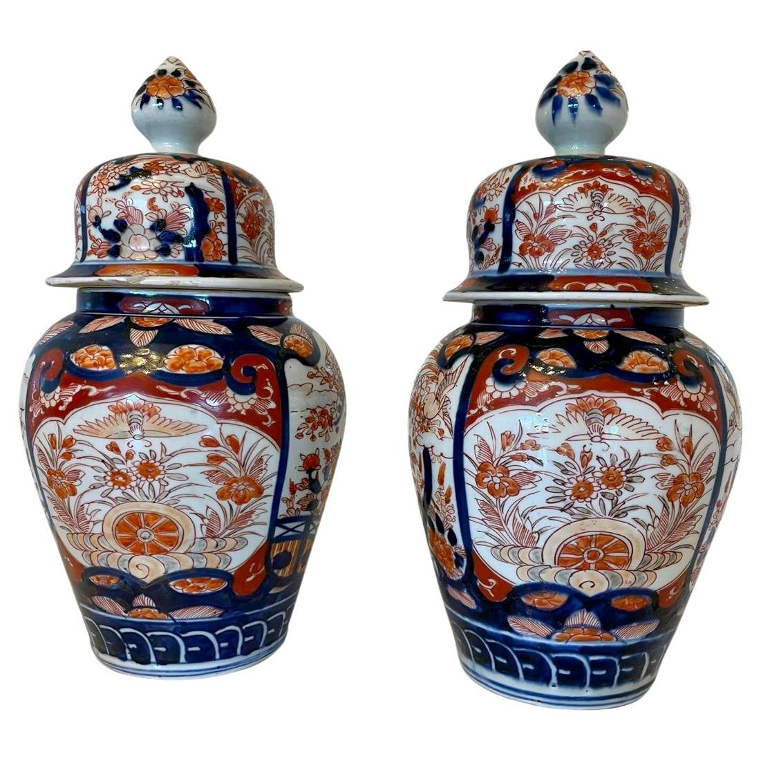 Quality Pair of Antique Imari Lidded Vases