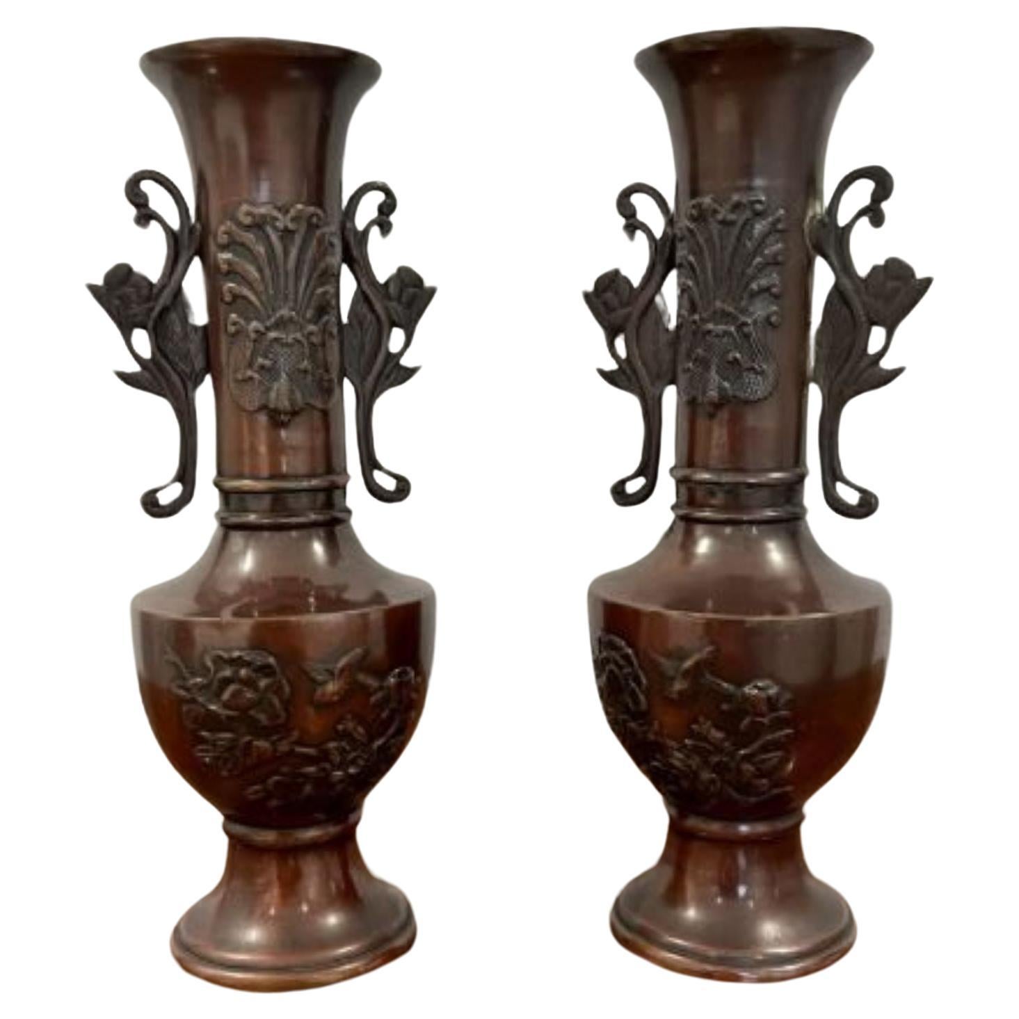 Quality pair of antique Japanese twin handle bronze vases  For Sale