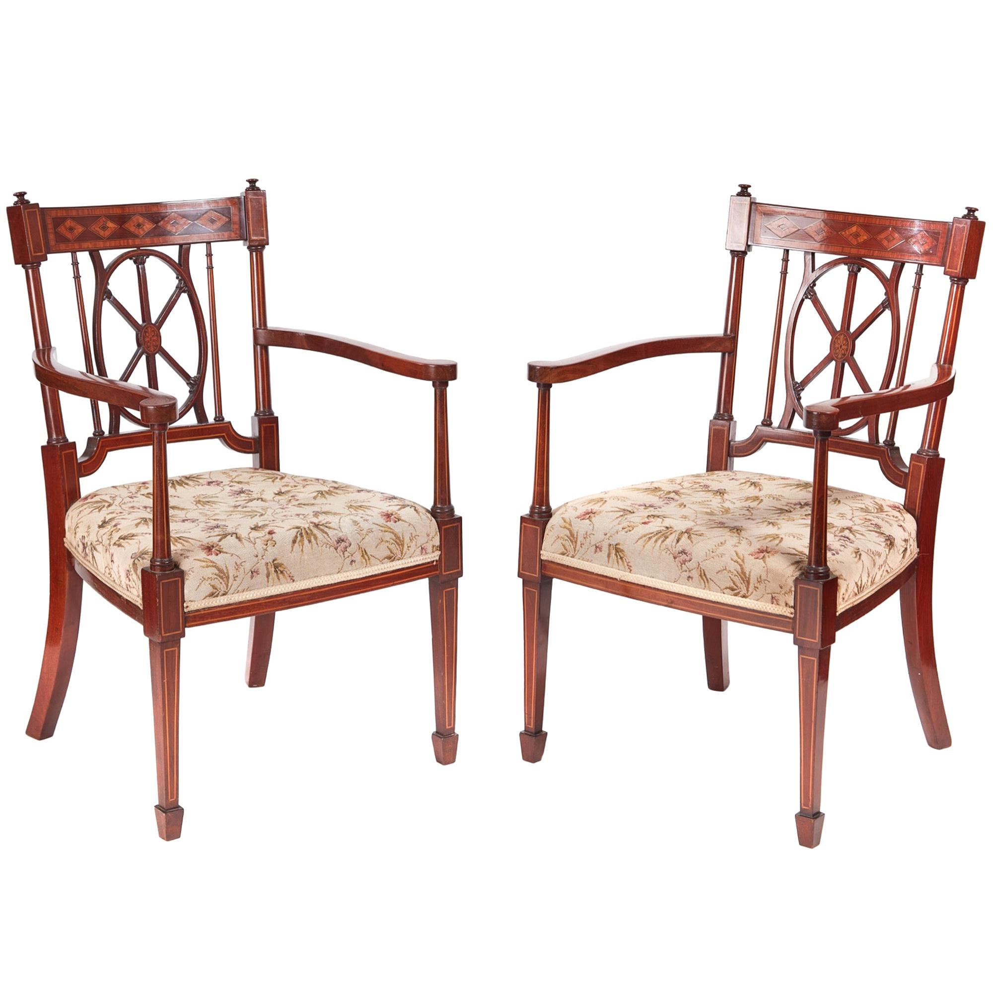 Quality Pair of Antique Mahogany Inlaid Arm or Desk Chairs