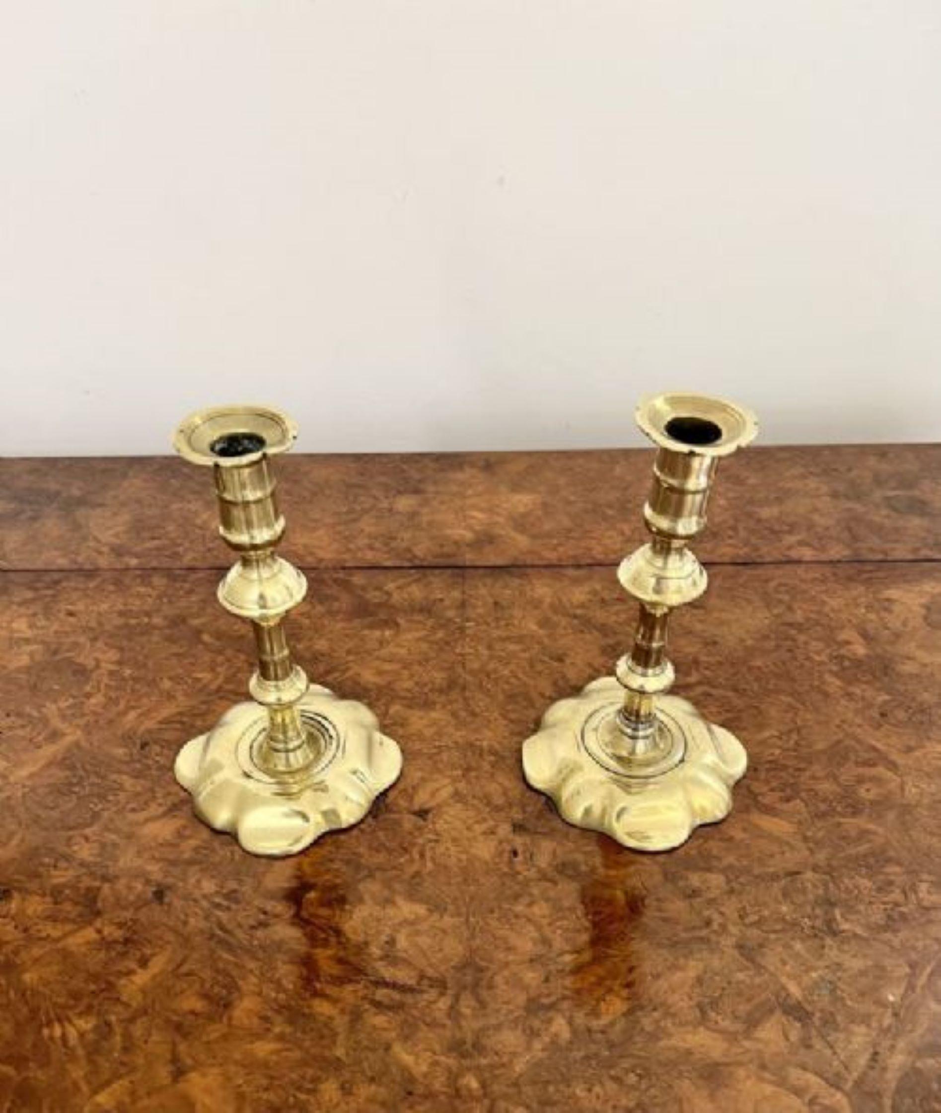Quality pair of antique Queen Ann brass candlesticks having a quality original pair of antique Queen Ann petal base brass candlesticks 

D. 1705
