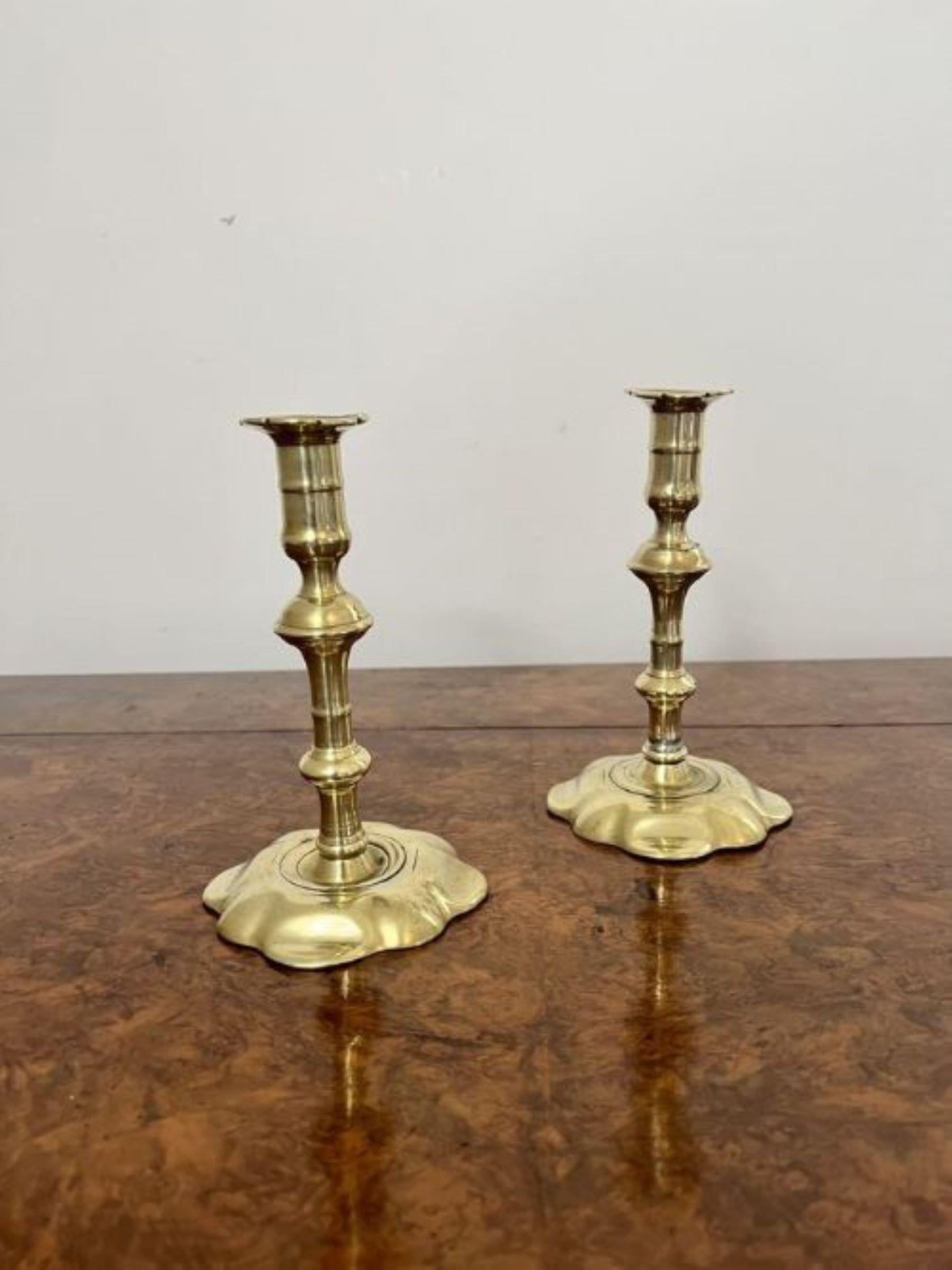 Queen Anne Quality pair of antique Queen Ann brass candlesticks For Sale