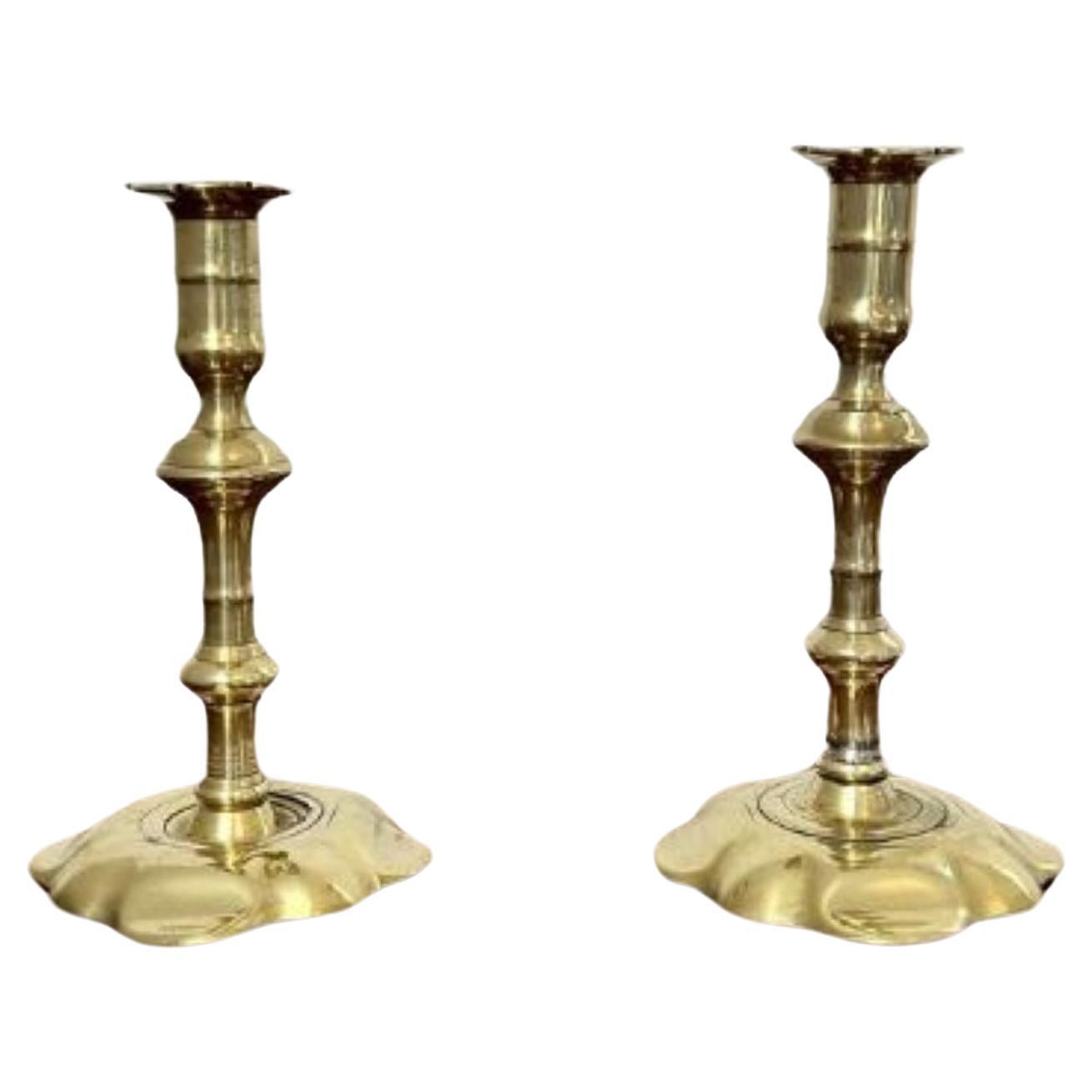 Quality pair of antique Queen Ann brass candlesticks For Sale