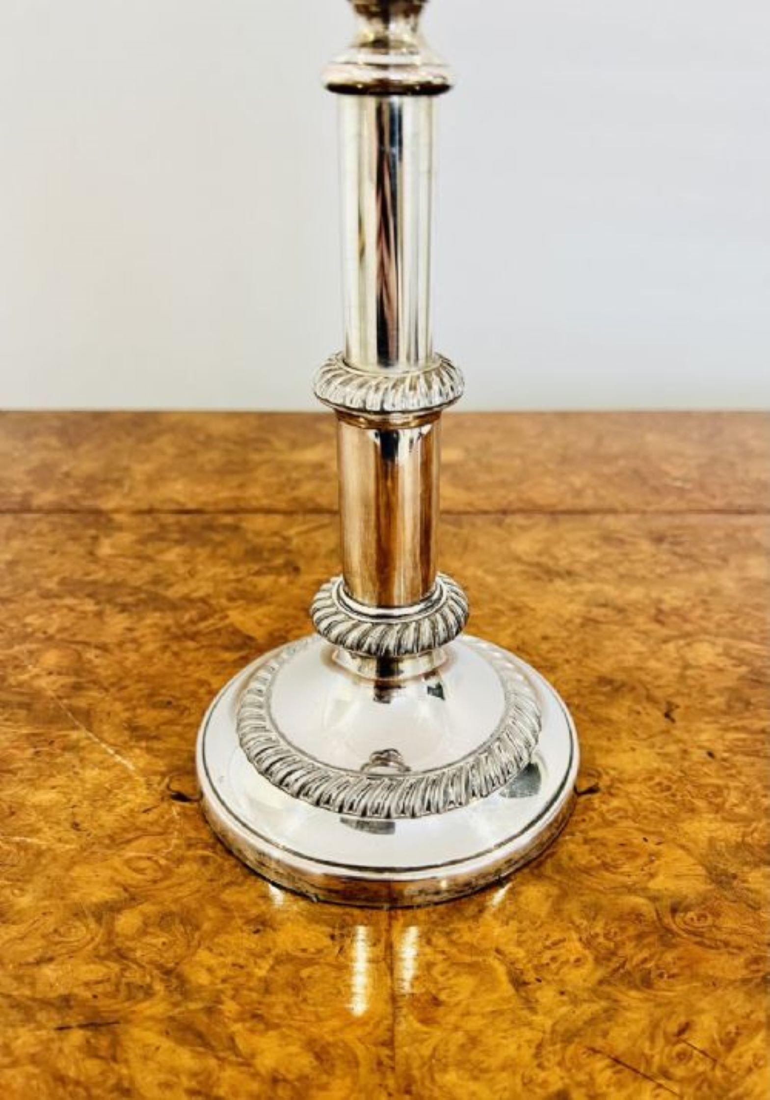 Quality pair of antique Regency telescopic Sheffield plated candlesticks having a quality pair of antique Regency telescopic Sheffield plated candlesticks with an ornate turned column on a circular stepped base. 

D. 1830