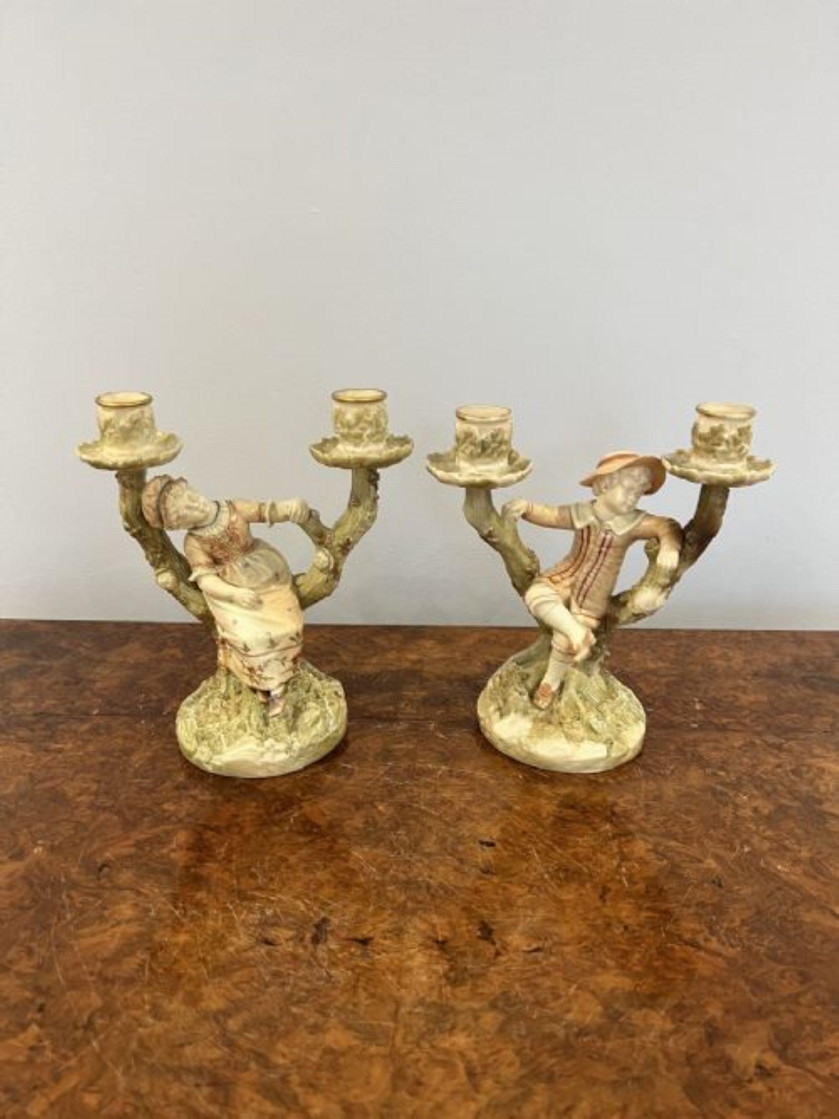 Ceramic Quality pair of antique Royal Worcester Hadley candlesticks  For Sale
