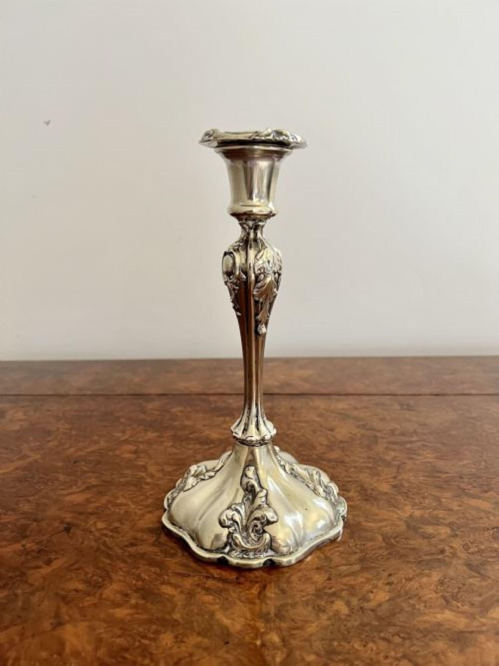Quality pair of antique silver plated ornate candlesticks having a lovely ornate shaped candlestick standing on a ornate shaped base 