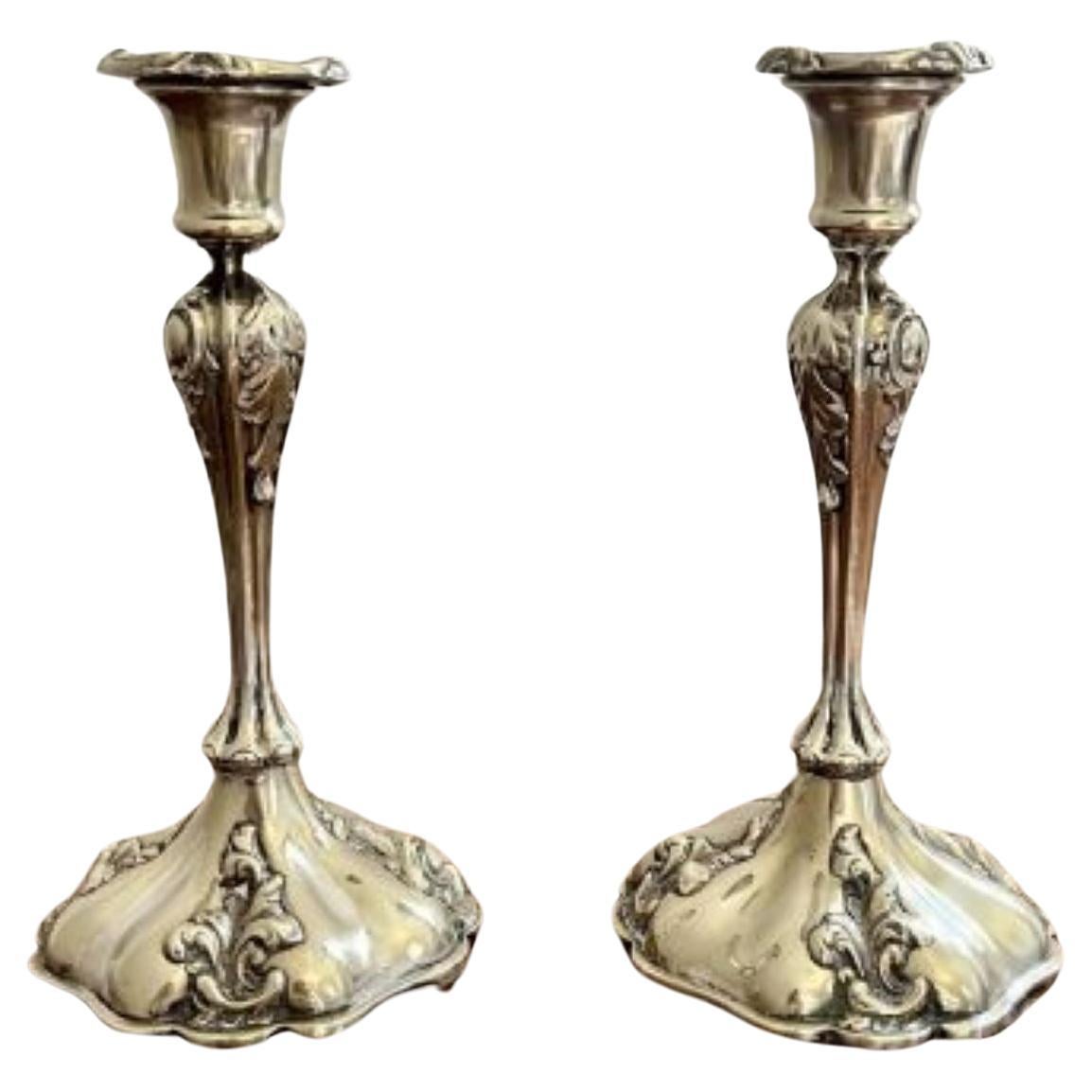 Quality pair of antique silver plated ornate candlesticks  For Sale