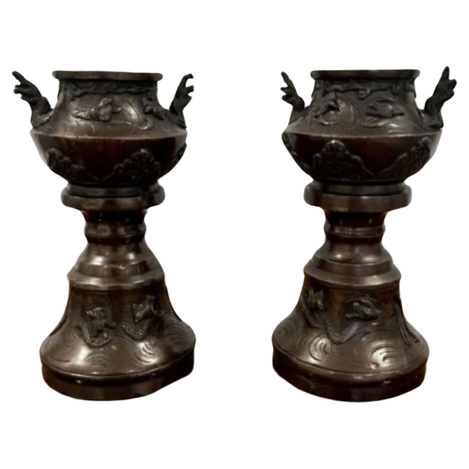 Quality pair of antique Victorian bronze Japanese vases  For Sale