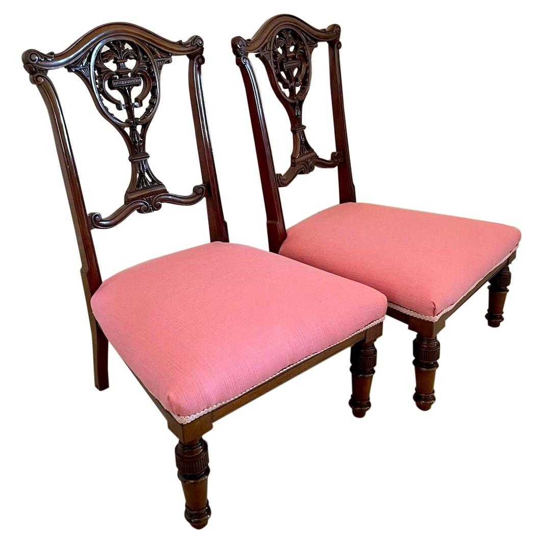 Quality Pair of Antique Victorian Carved Mahogany Side Chairs For Sale