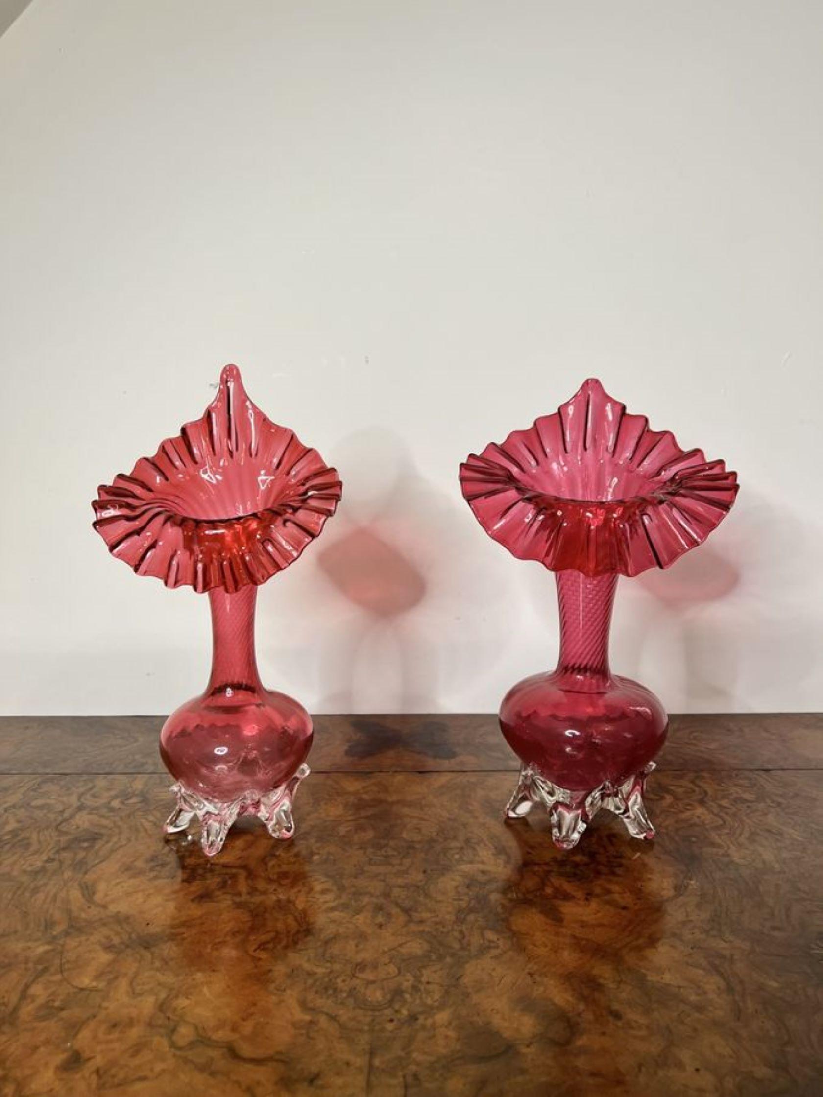 Quality pair of antique Victorian cranberry glass jack in the pulpit vases raised on circular bases.

D. 1860