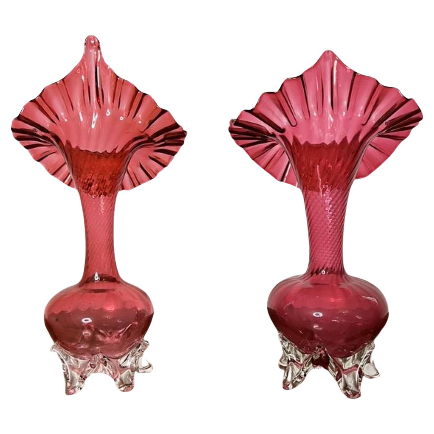 Paire de vases anciens en verre à canneberge de l'époque victorienne, de type " jack in the pulpit ".
